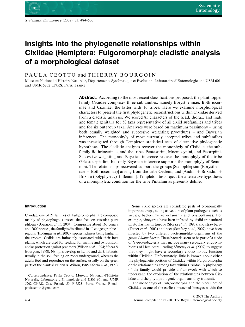 Hemiptera: Fulgoromorpha): Cladistic Analysis of a Morphological Dataset