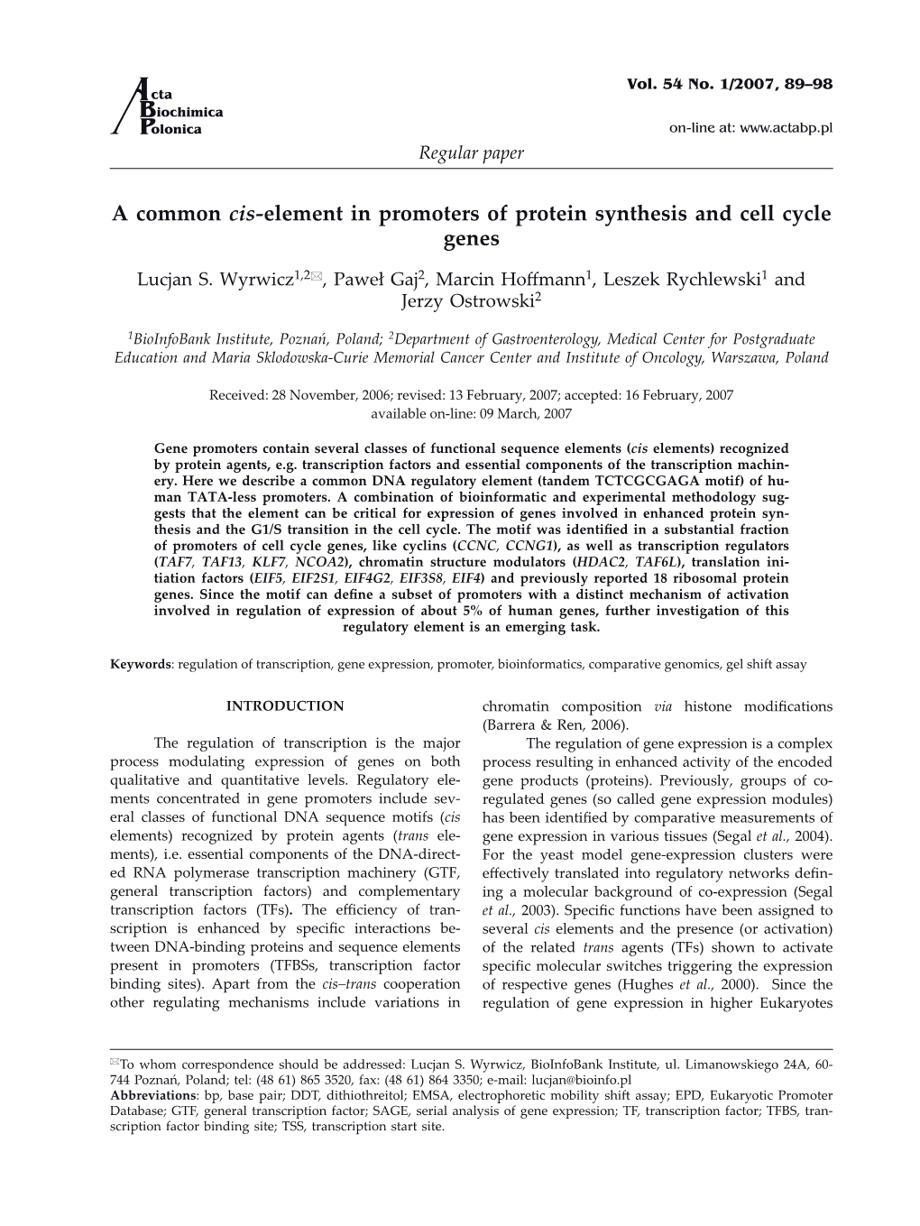 A Common Cis-Element in Promoters of Protein Synthesis and Cell Cycle Genes