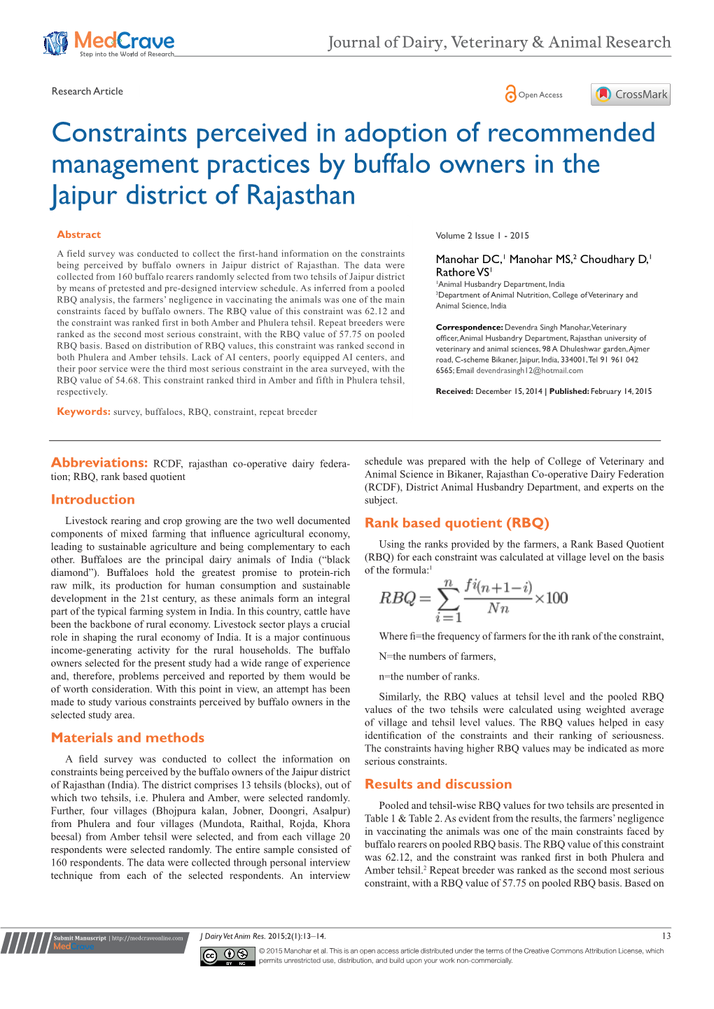 Constraints Perceived in Adoption of Recommended Management Practices by Buffalo Owners in the Jaipur District of Rajasthan