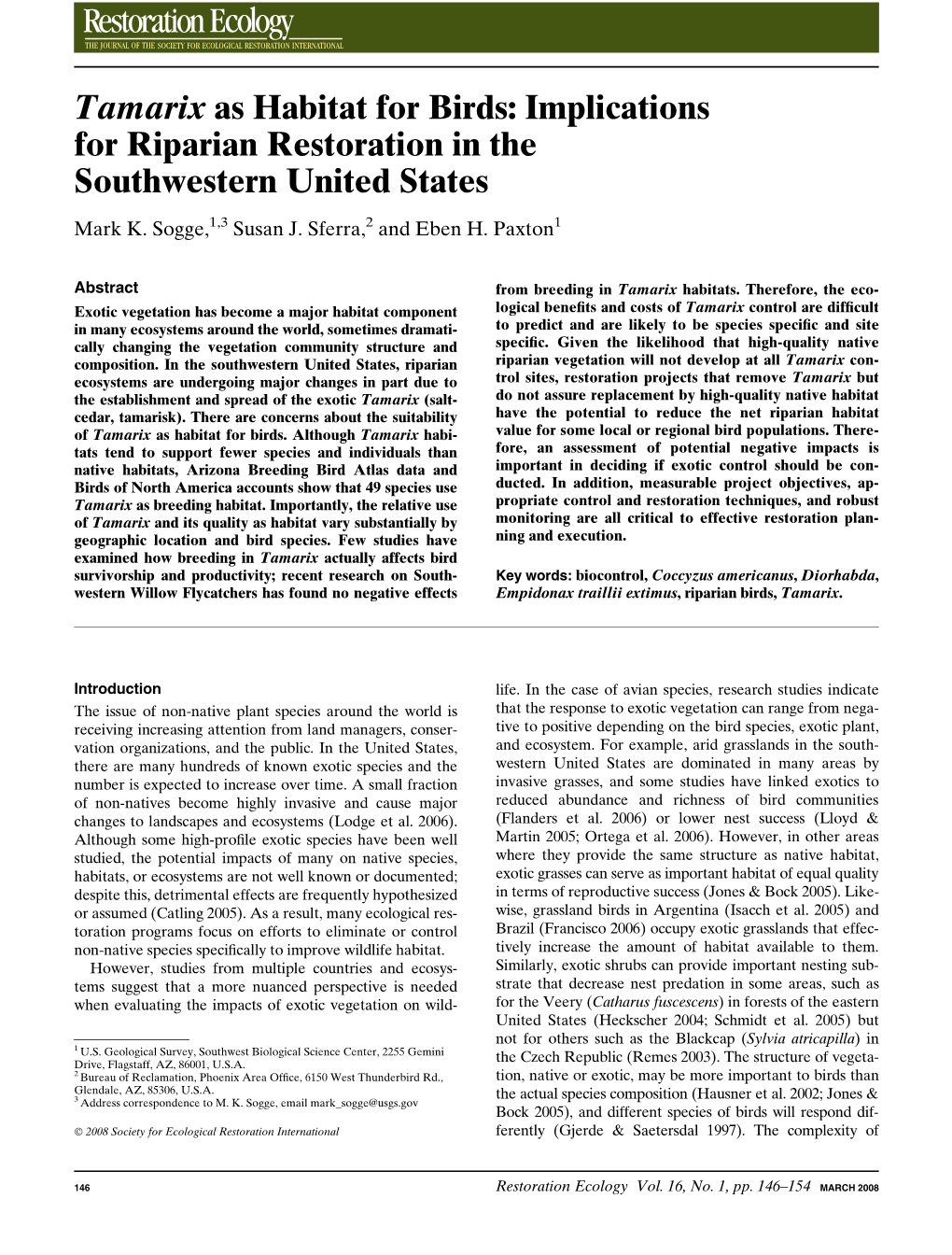 Tamarix As Habitat for Birds: Implications for Riparian Restoration in the Southwestern United States Mark K