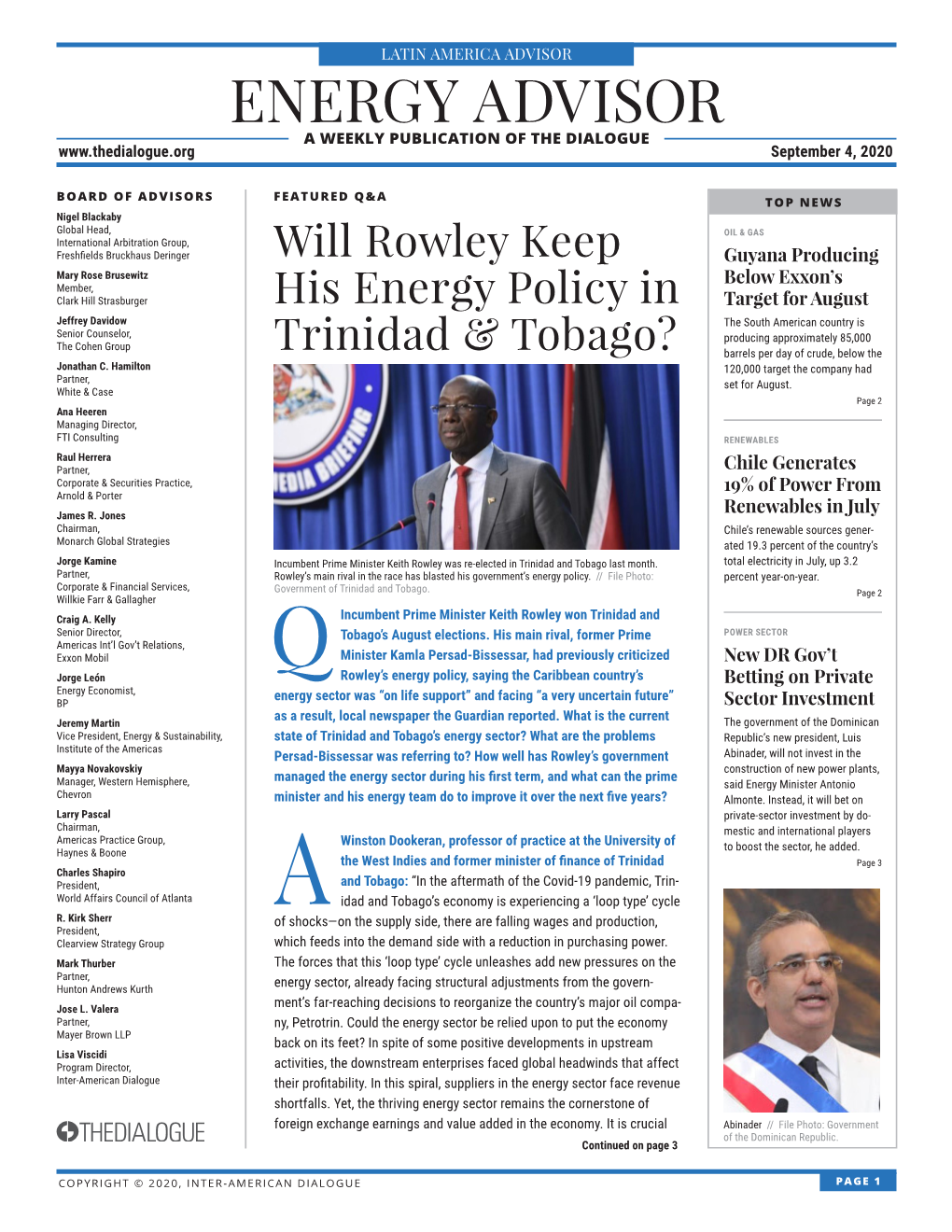 ENERGY ADVISOR a WEEKLY PUBLICATION of the DIALOGUE September 4, 2020