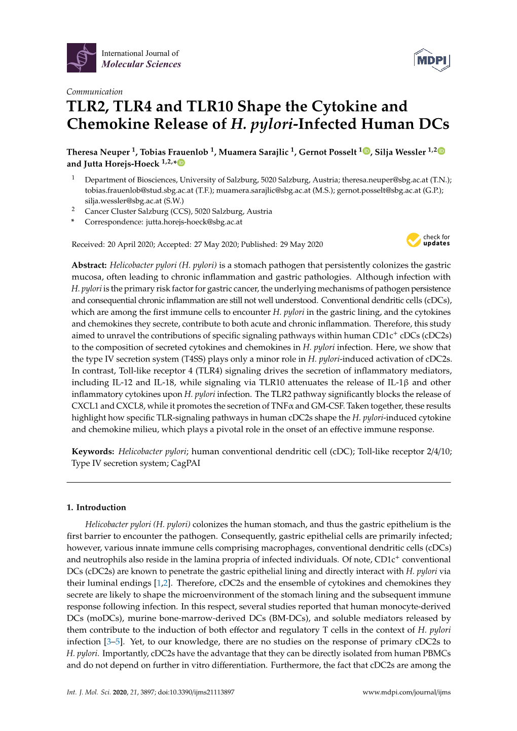 TLR2, TLR4 and TLR10 Shape the Cytokine and Chemokine Release of H