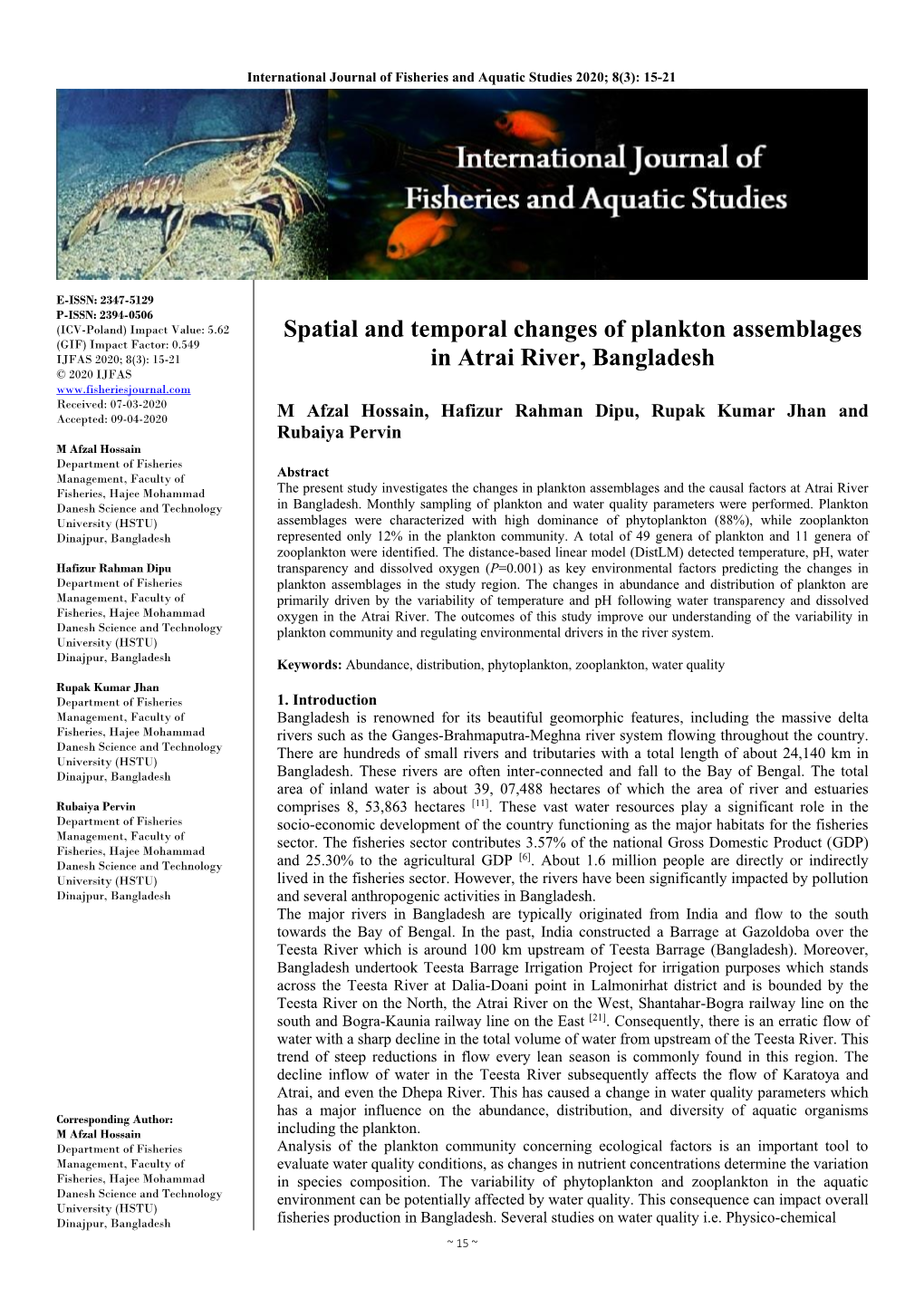 Spatial and Temporal Changes of Plankton Assemblages in Atrai