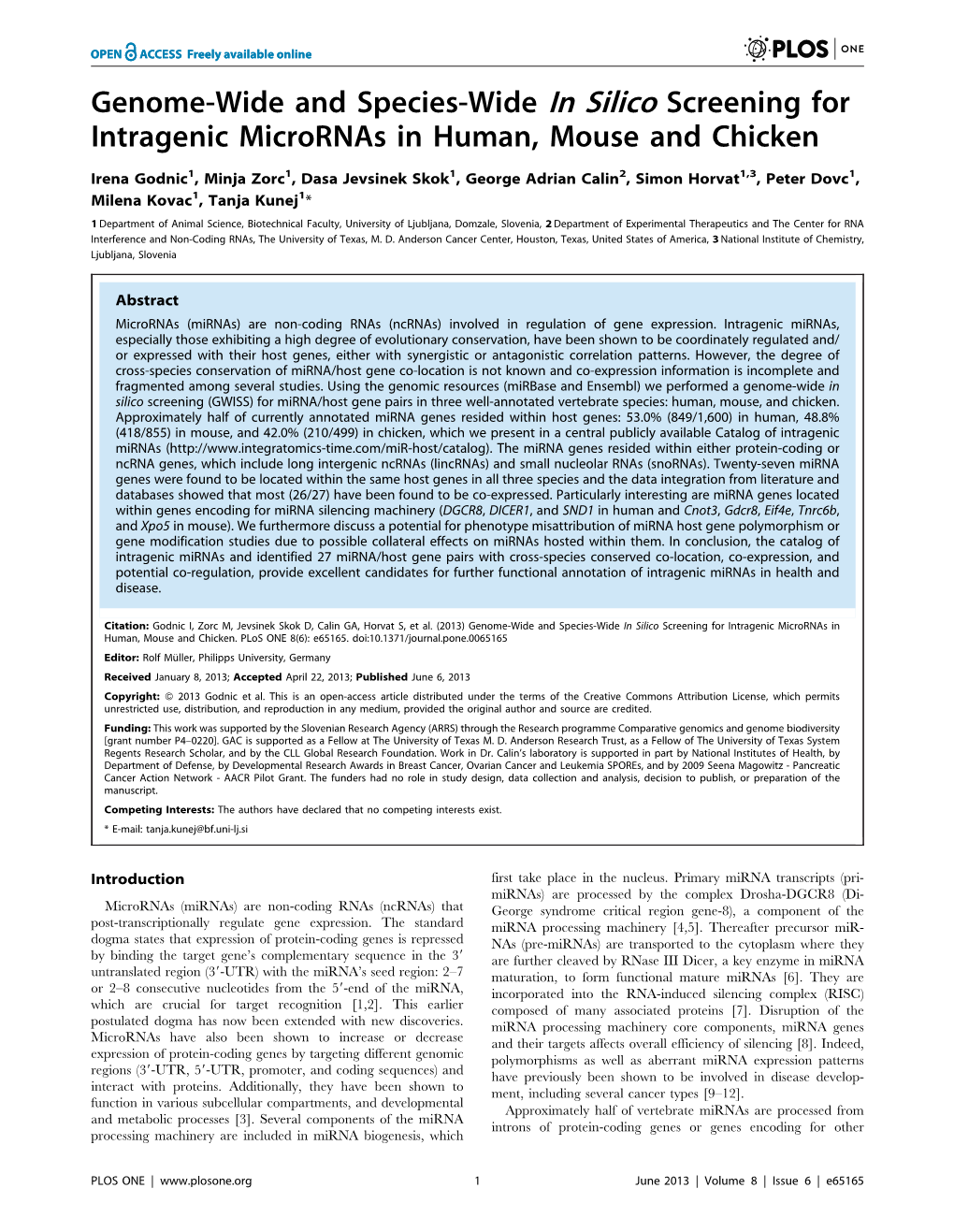 Genome-Wide and Species-Wide in Silico Screening for Intragenic Micrornas in Human, Mouse and Chicken