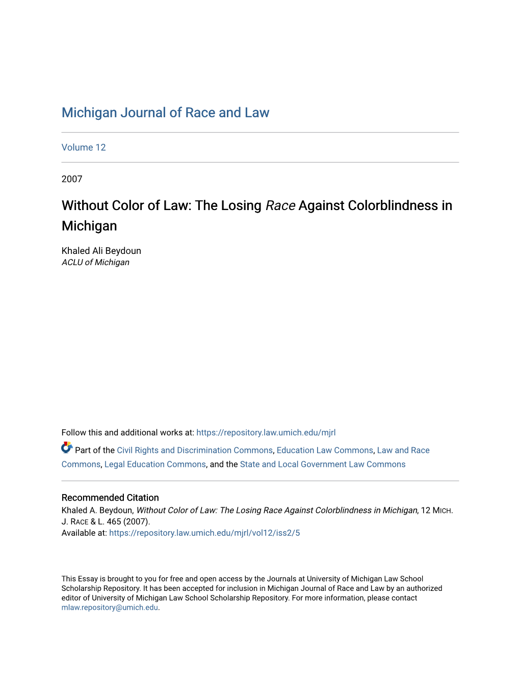 Without Color of Law: the Losing Race Against Colorblindness in Michigan