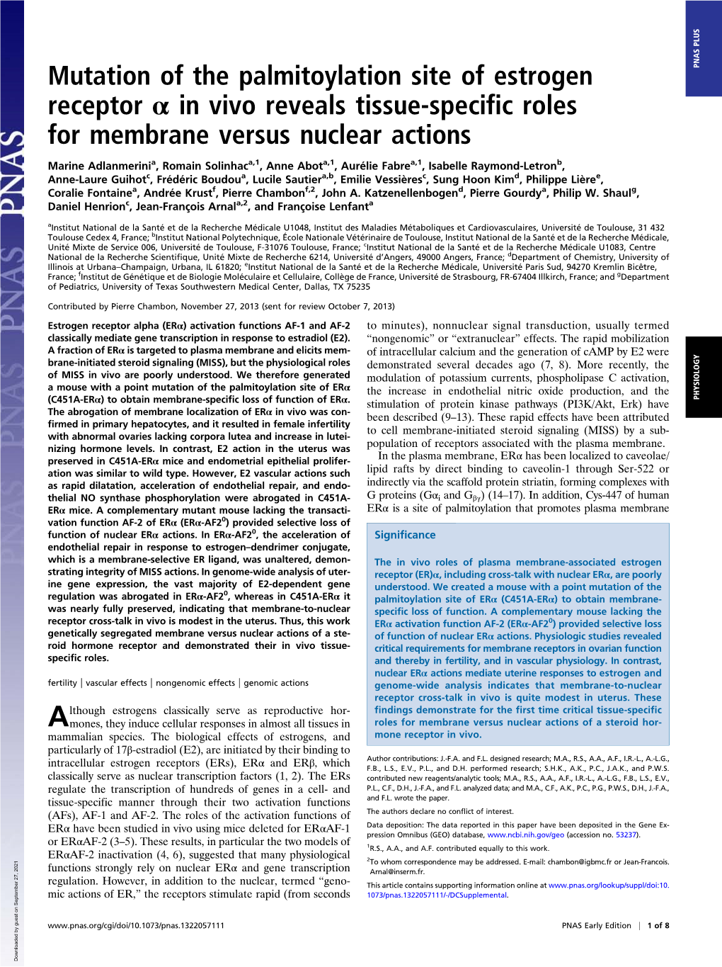 Mutation of the Palmitoylation Site of Estrogen Receptor Α in Vivo Reveals