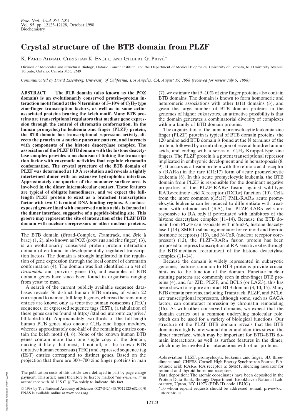 Crystal Structure of the BTB Domain from PLZF