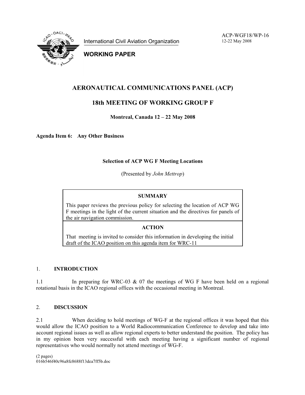 Selection of ACP WG F Meeting Locations