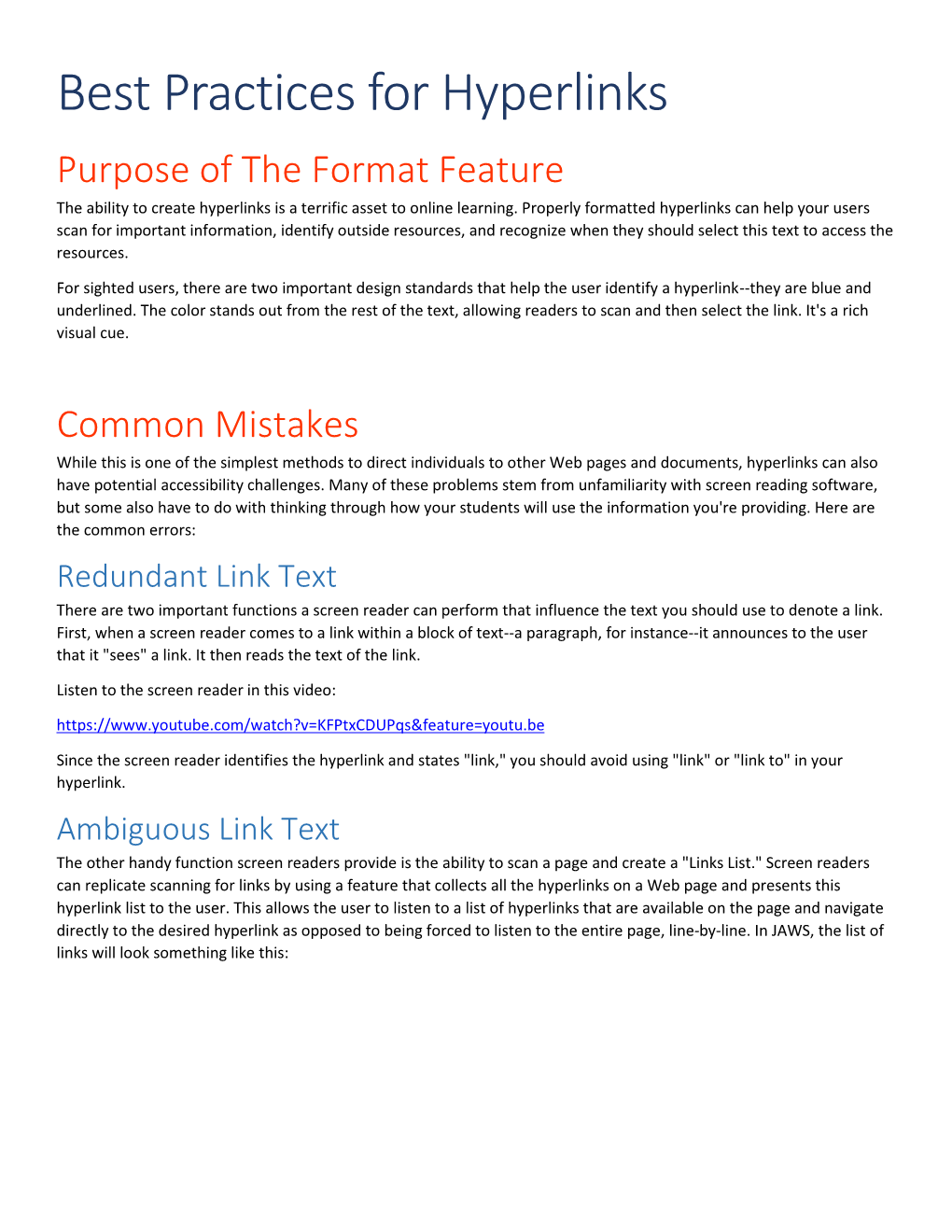 Best Practices for Hyperlinks Purpose of the Format Feature the Ability to Create Hyperlinks Is a Terrific Asset to Online Learning