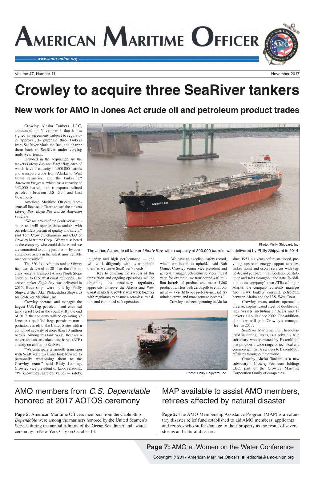 Crowley to Acquire Three Seariver Tankers New Work for AMO in Jones Act Crude Oil and Petroleum Product Trades
