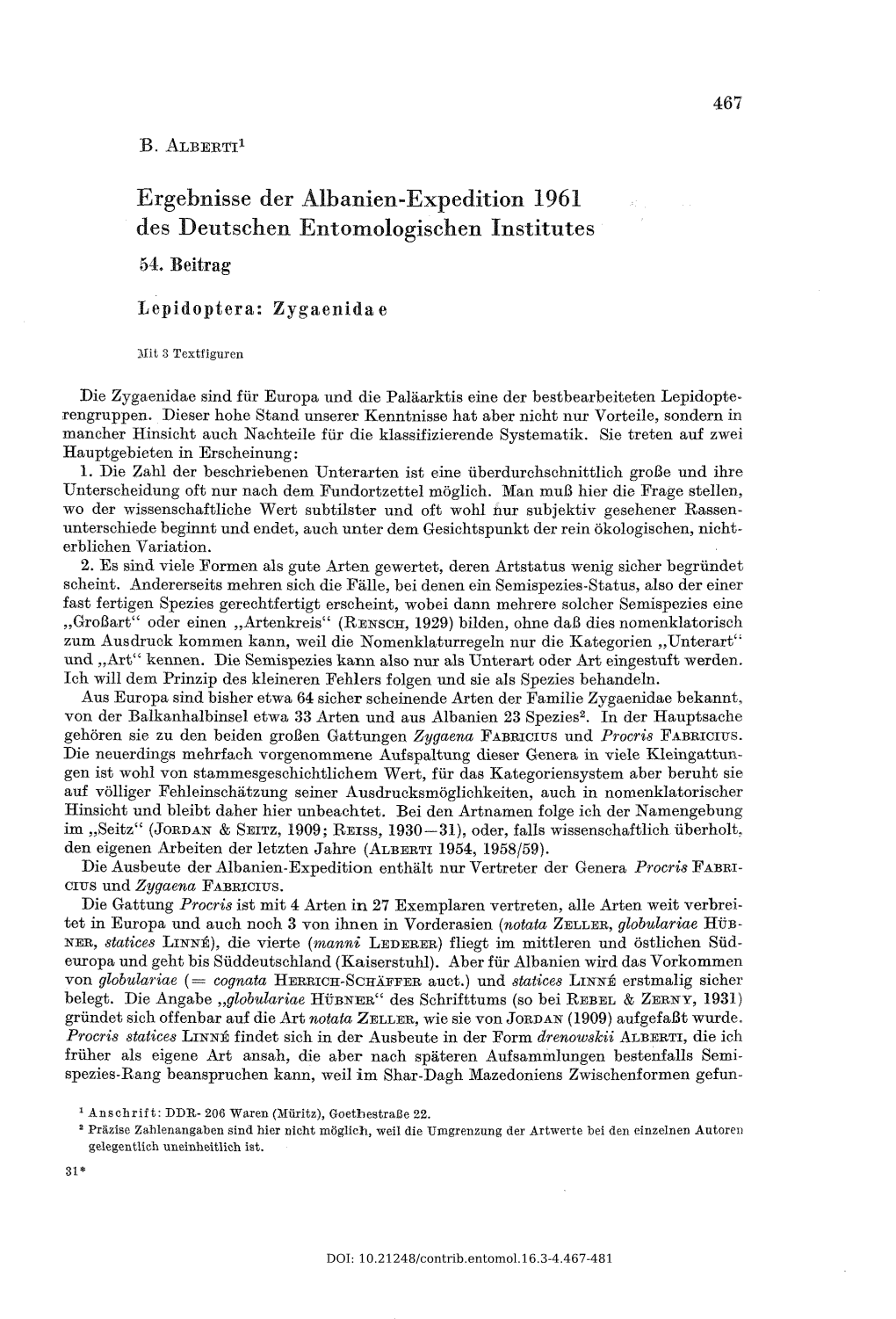 Ergebnisse Der Albanien-Expedition 1961 Des Deutschen Entomologischen Institutes 54