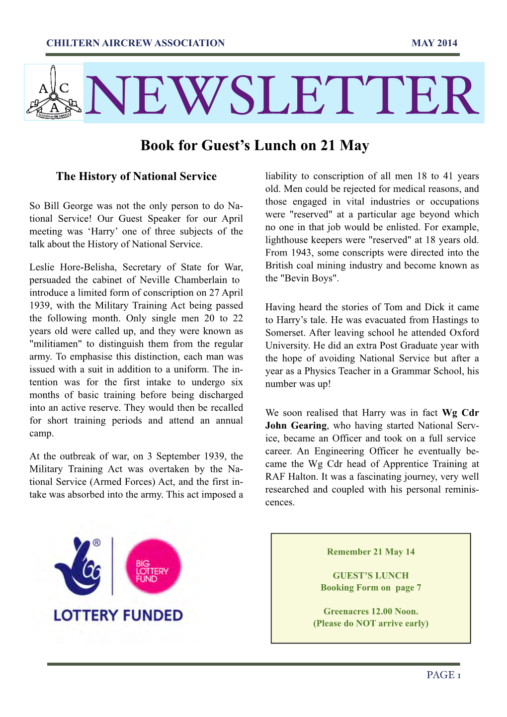 NEWSLETTER Book for Guest’S Lunch on 21 May