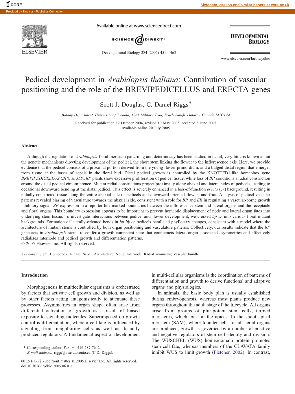 Pedicel Development in Arabidopsis Thaliana: Contribution of Vascular Positioning and the Role of the BREVIPEDICELLUS and ERECTA Genes