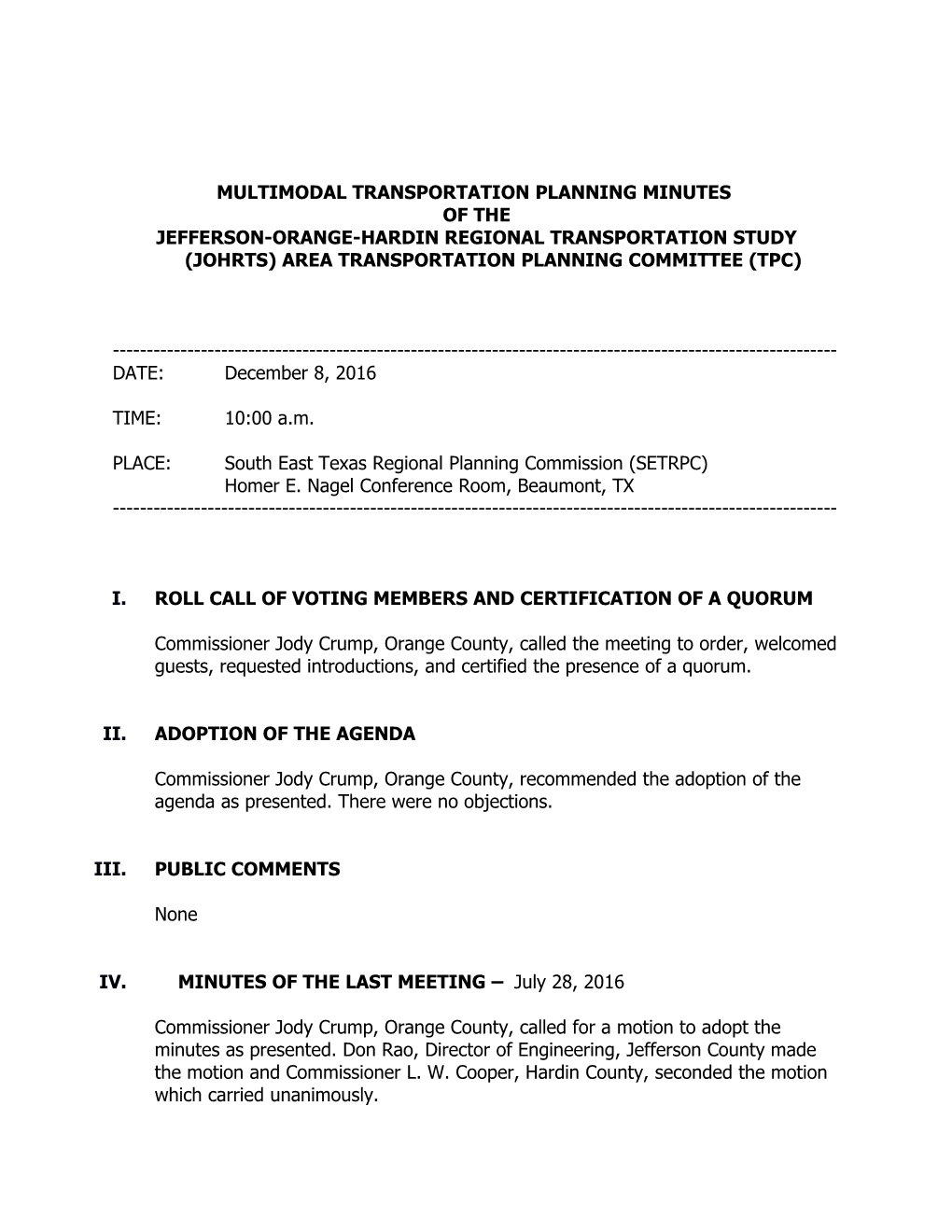 Multimodal Transportation Planning Minutes