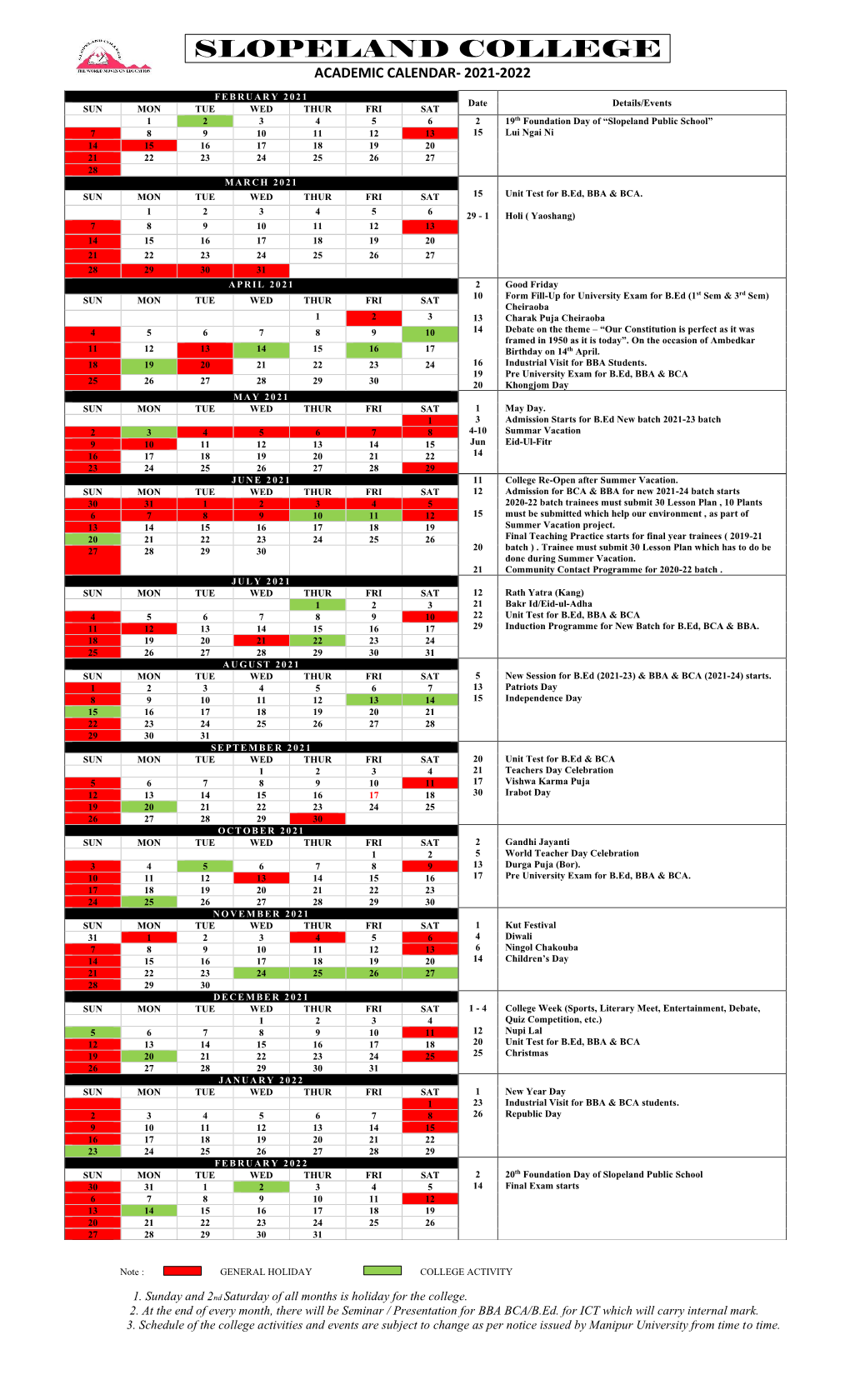 Academic Calendar- 2021-2022