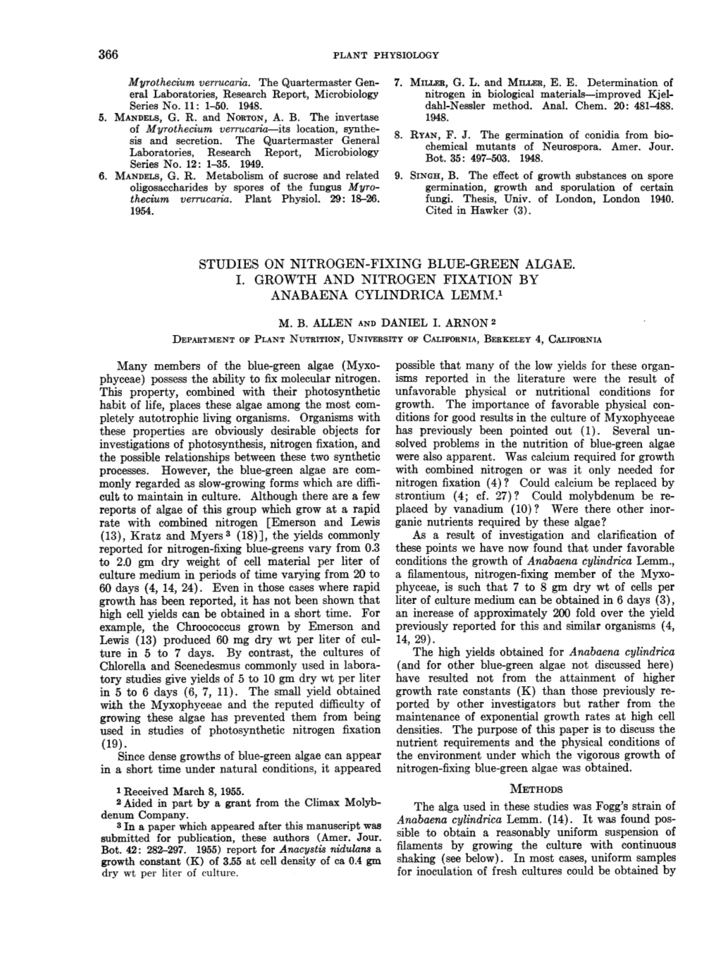 Plant Physiology Studies on Nitrogen-Fixing Blue-Green