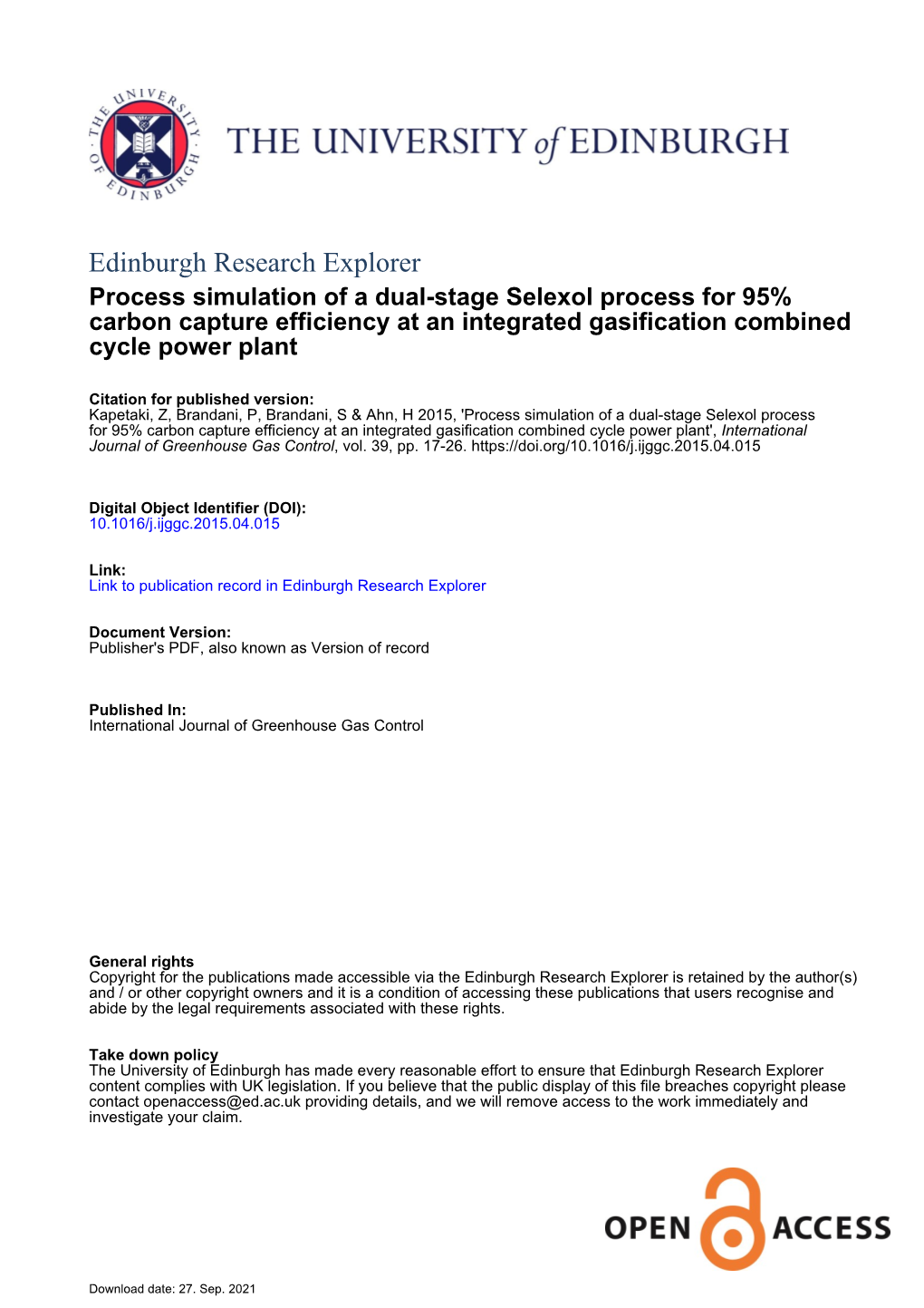 Process Simulation of a Dual-Stage Selexol Process for 95% Carbon Capture Efficiency at an Integrated Gasification Combined Cycle Power Plant