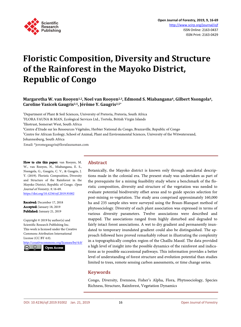 Floristic Composition, Diversity and Structure of the Rainforest in the Mayoko District, Republic of Congo