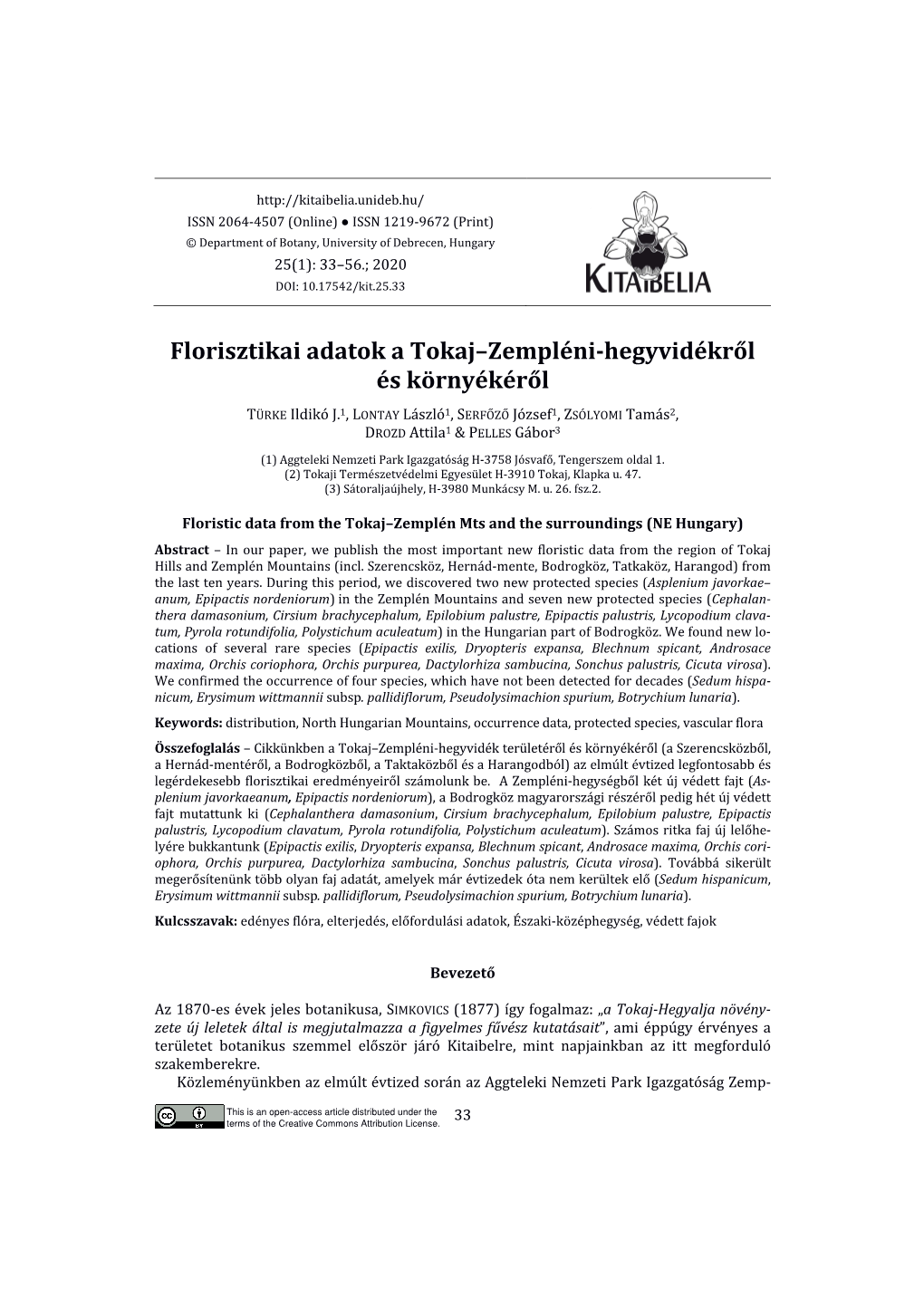 Florisztikai Adatok a Tokaj–Zempléni-Hegyvidékről És Környékéről