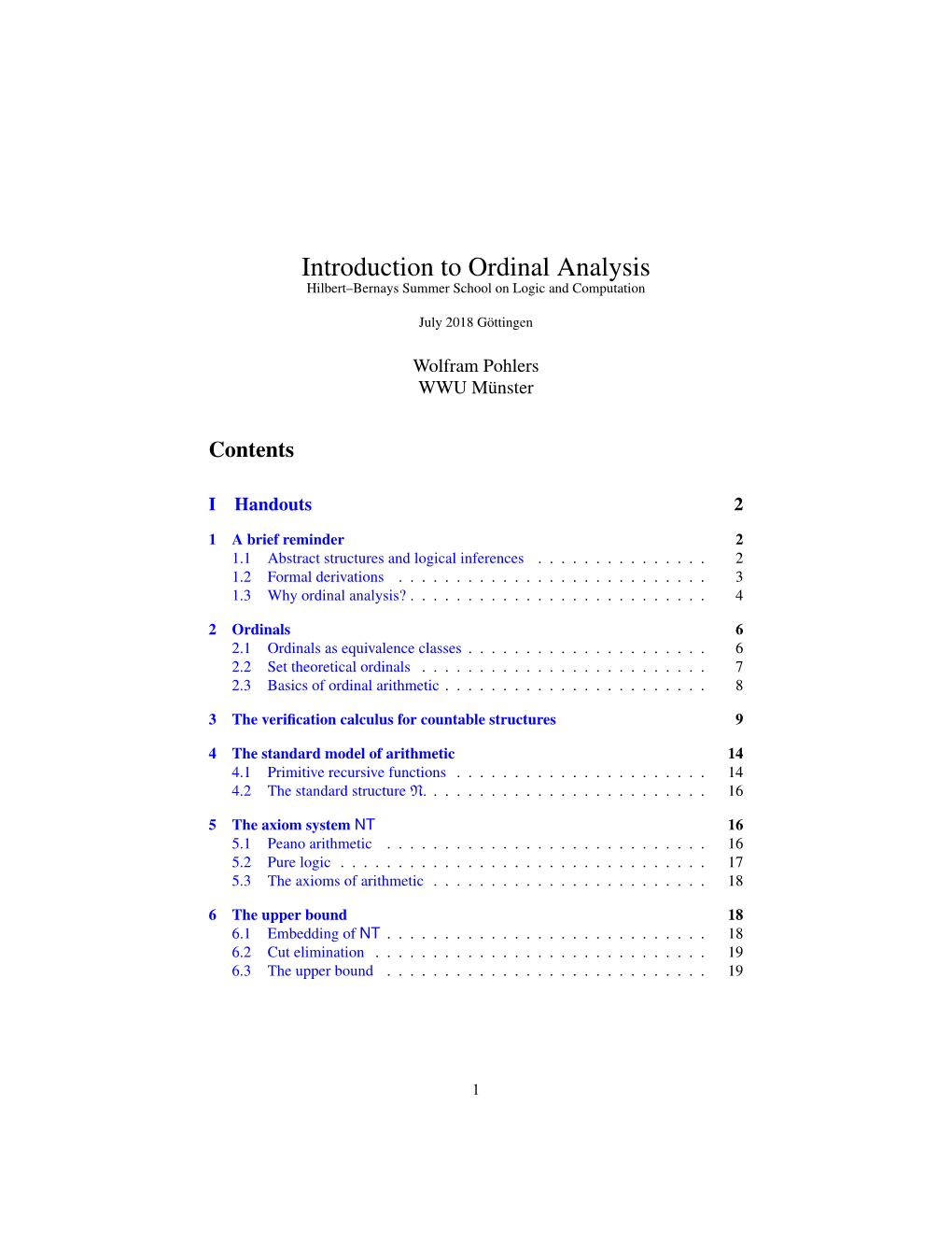 Introduction to Ordinal Analysis Hilbert–Bernays Summer School on Logic and Computation