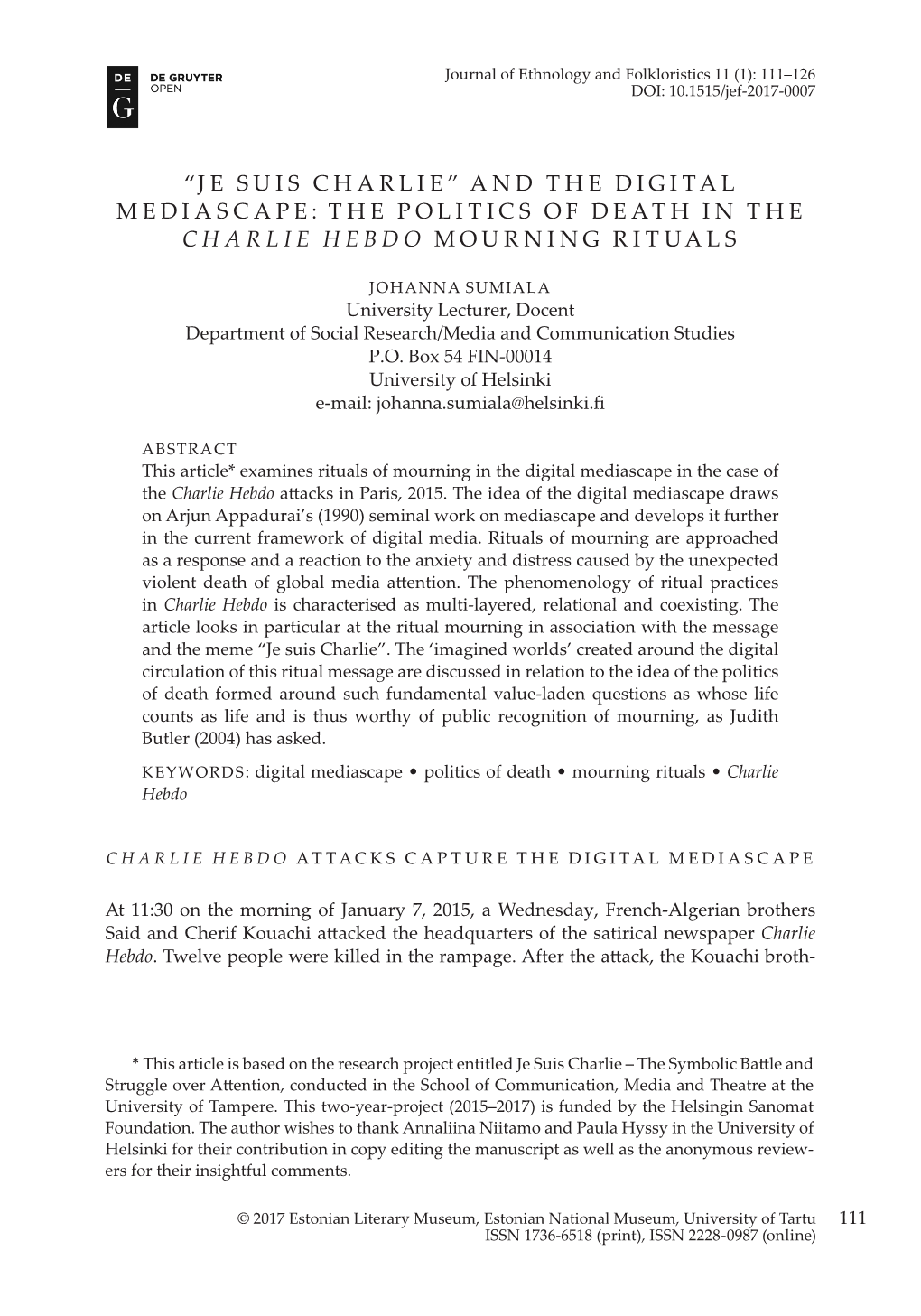 Je Suis Charlie” and the Digital Mediascape: the Politics of Death in the Charlie Hebdo Mourning Rituals