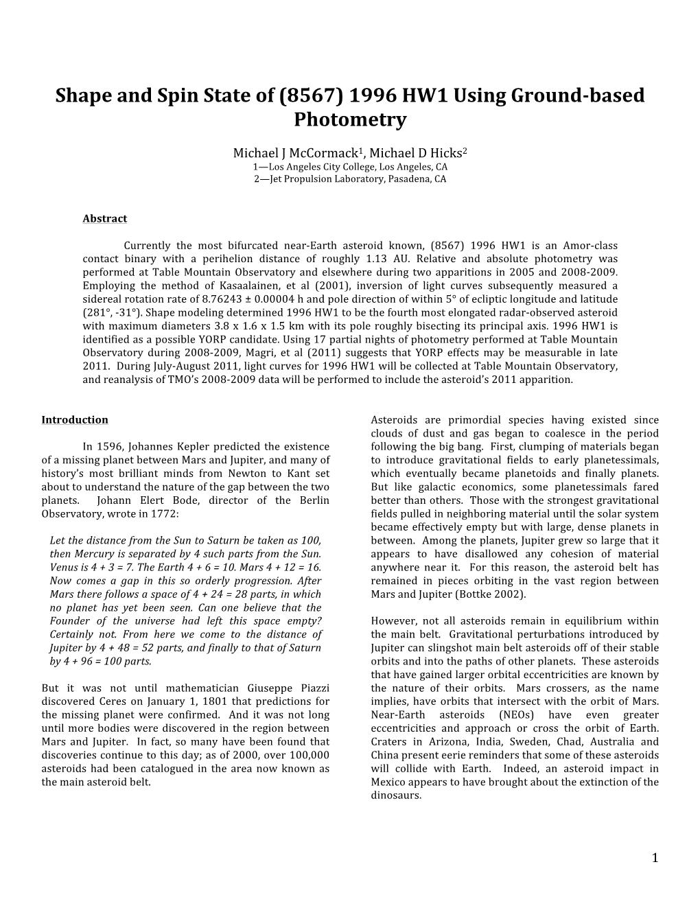 (8567) 1996 HW1 Using Ground-Based Photometry