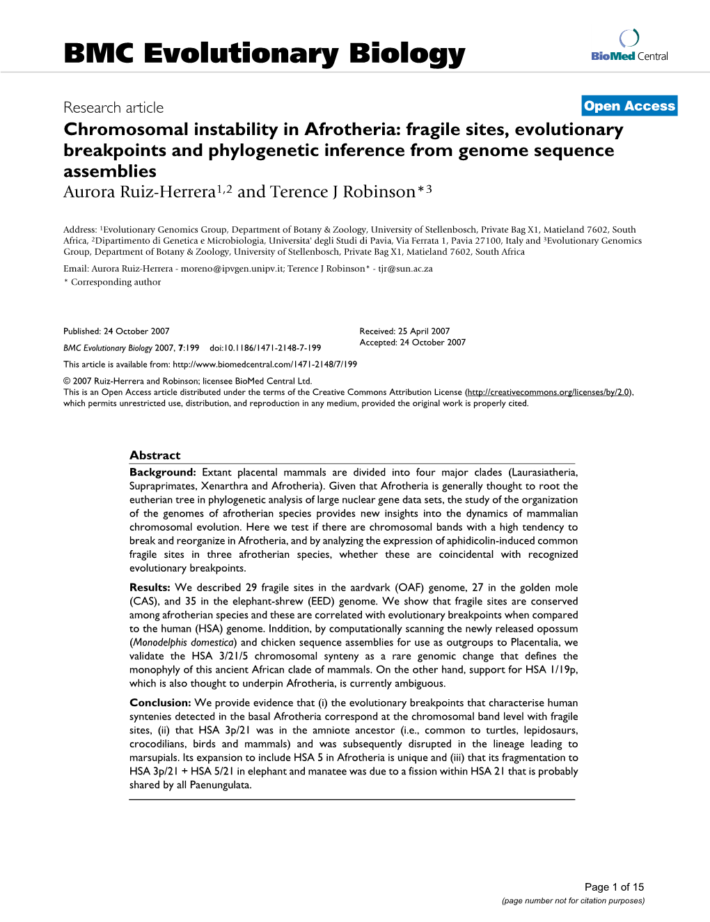 Fragile Sites, Evolutionary Breakpoints and Phylogenetic Inference from Genome Sequence Assemblies Aurora Ruiz-Herrera1,2 and Terence J Robinson*3