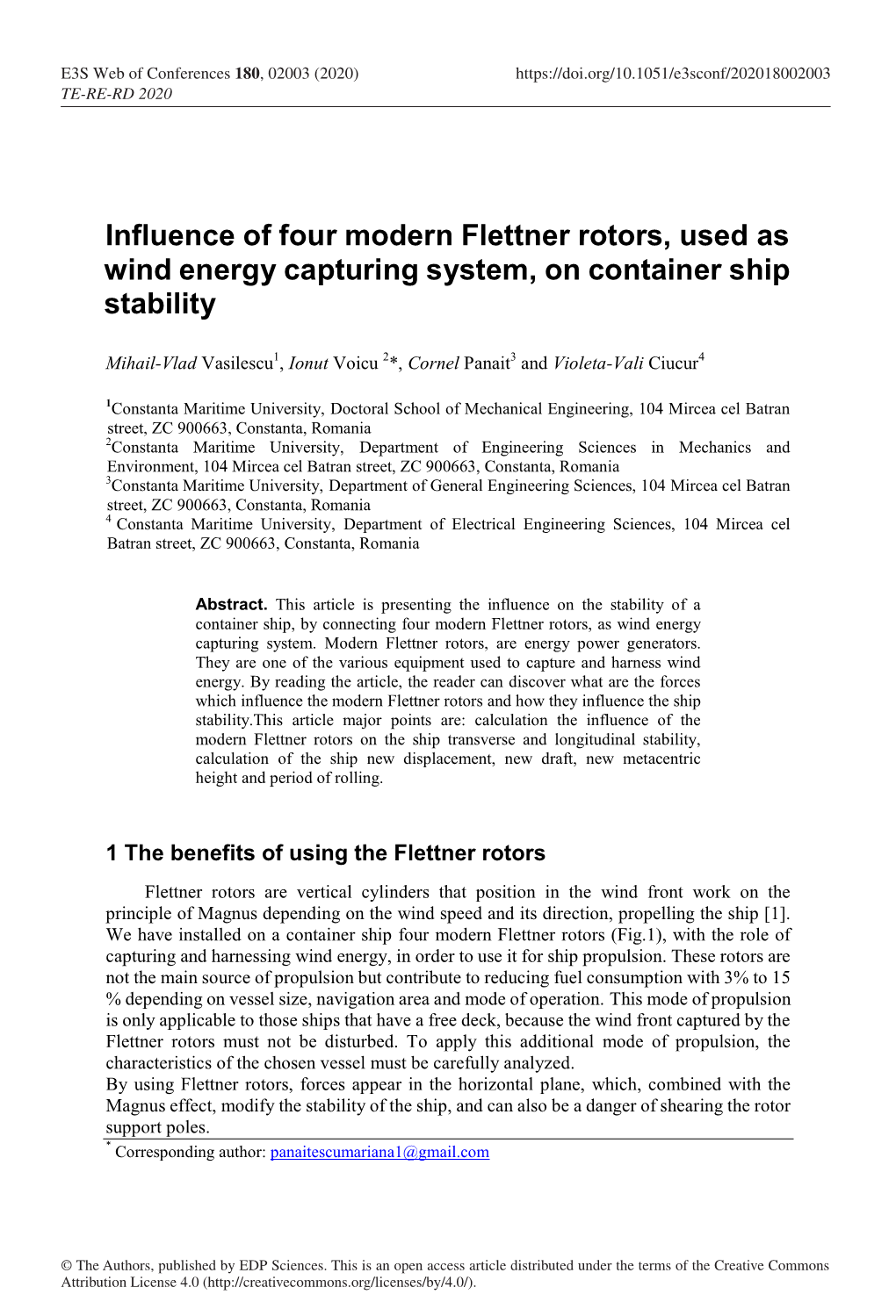 Influence of Four Modern Flettner Rotors, Used As Wind Energy Capturing System, on Container Ship Stability