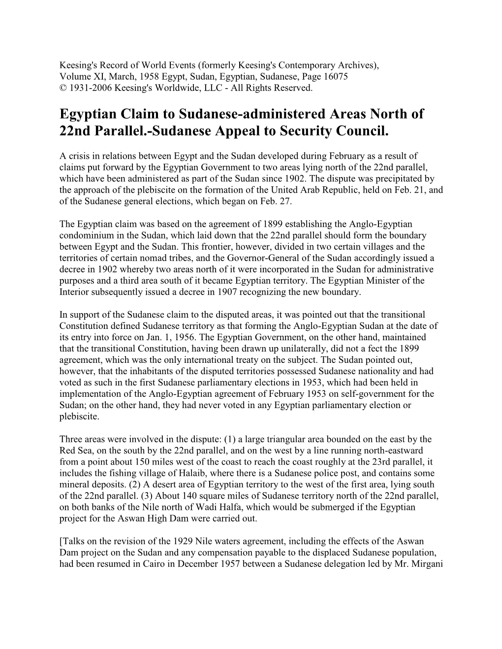 Egyptian Claim to Sudanese-Administered Areas North of 22Nd Parallel.-Sudanese Appeal to Security Council