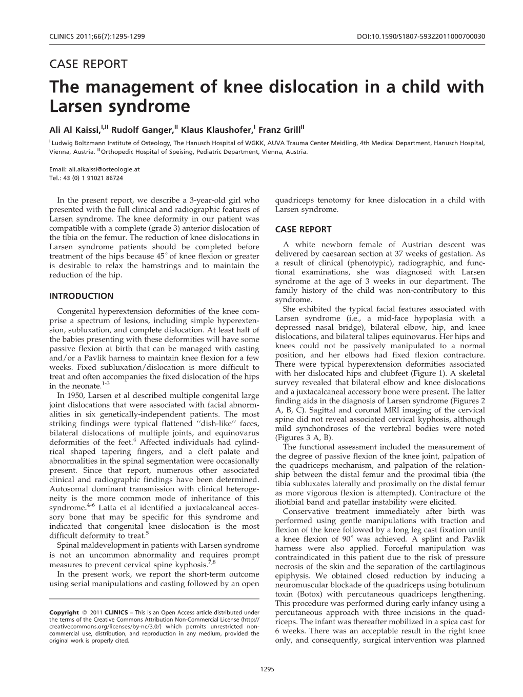 The Management of Knee Dislocation in a Child with Larsen Syndrome