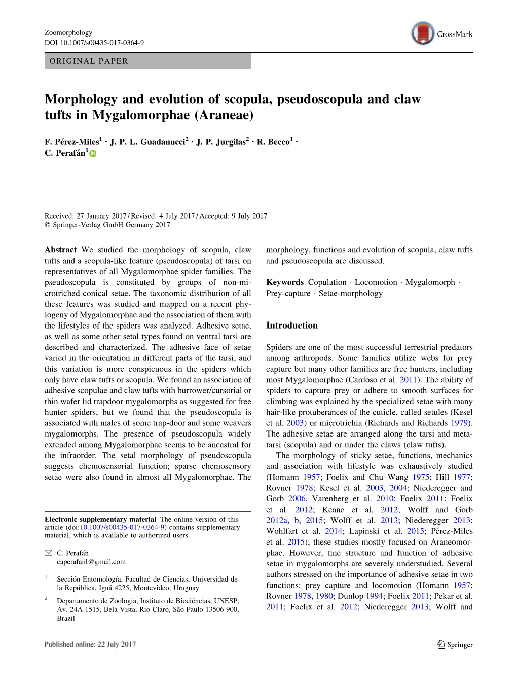 Morphology and Evolution of Scopula, Pseudoscopula and Claw Tufts in Mygalomorphae (Araneae)