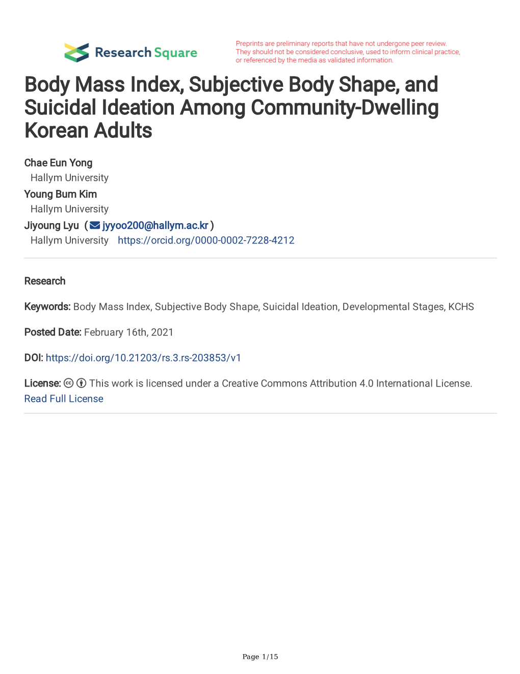 Body Mass Index, Subjective Body Shape, and Suicidal Ideation Among Community-Dwelling Korean Adults