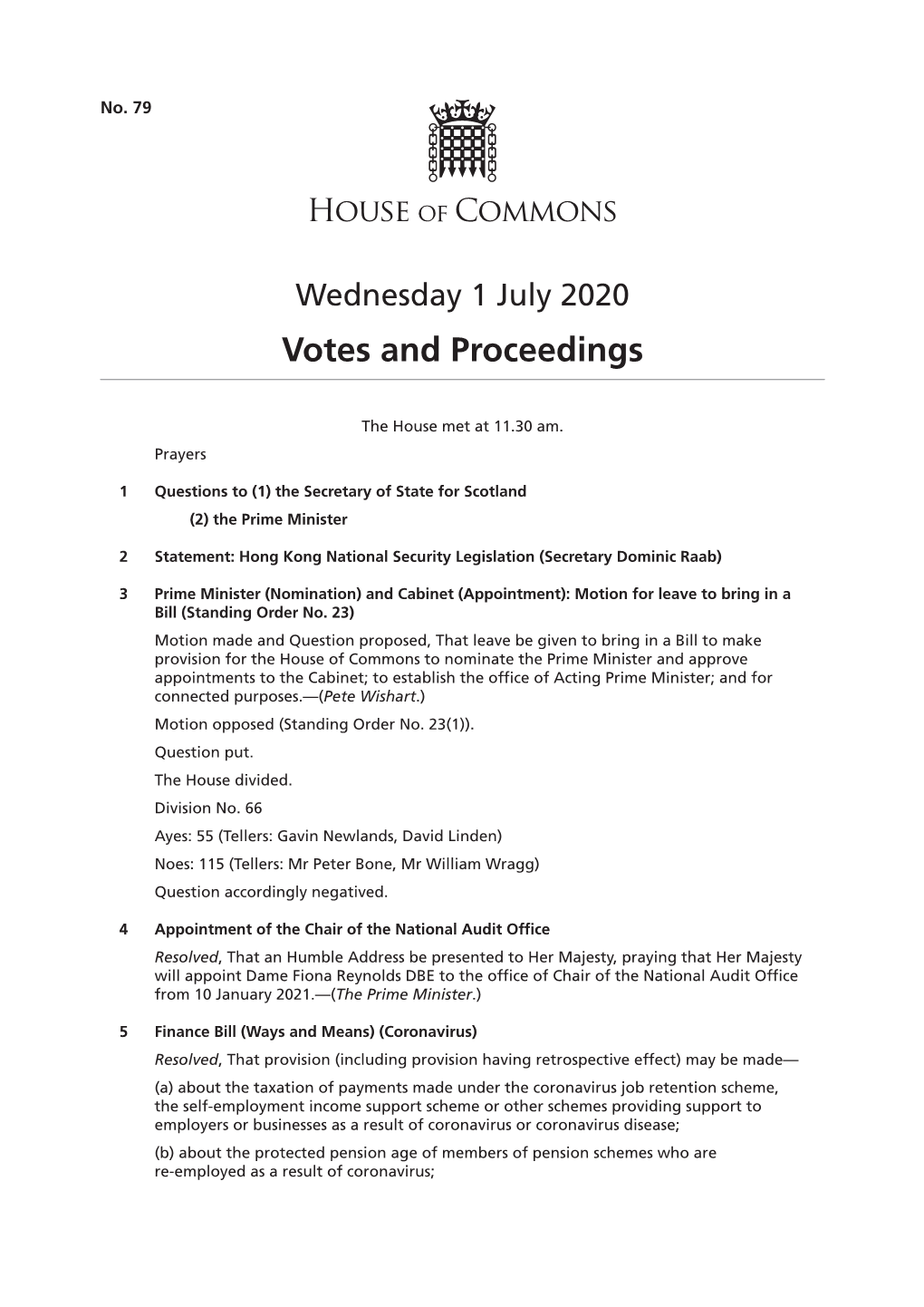 Votes and Proceedings for 1 Jul 2020