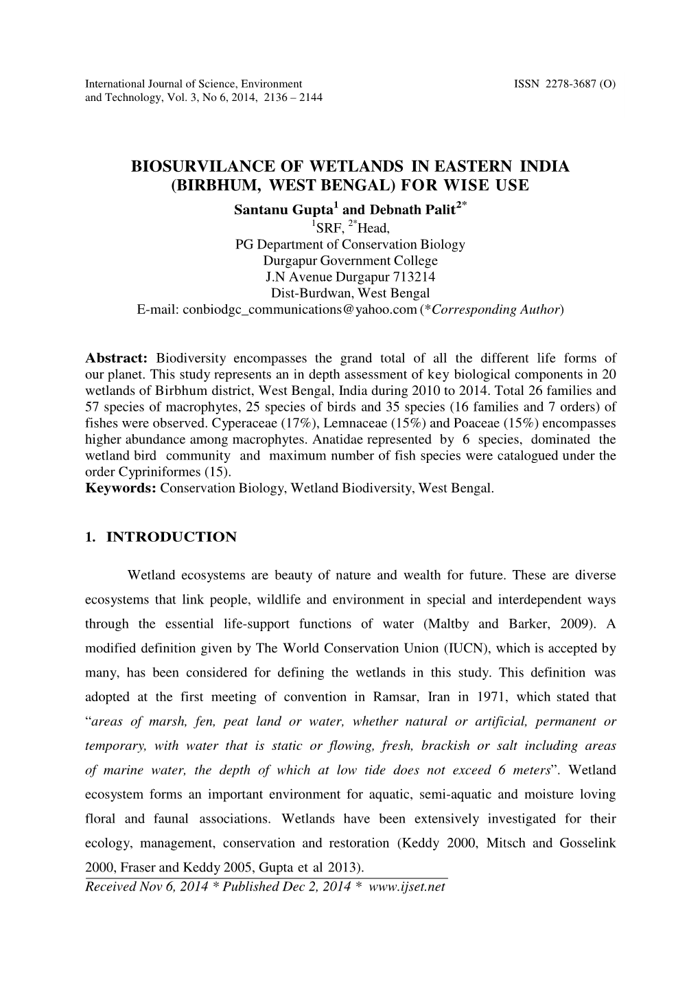 Biosurvilance of Wetlands in Eastern India (Birbhum, West Bengal)