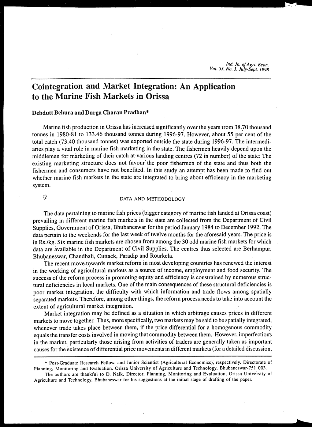 Cointegration and Market Integration: an Application to the Marine Fish Markets in Orissa