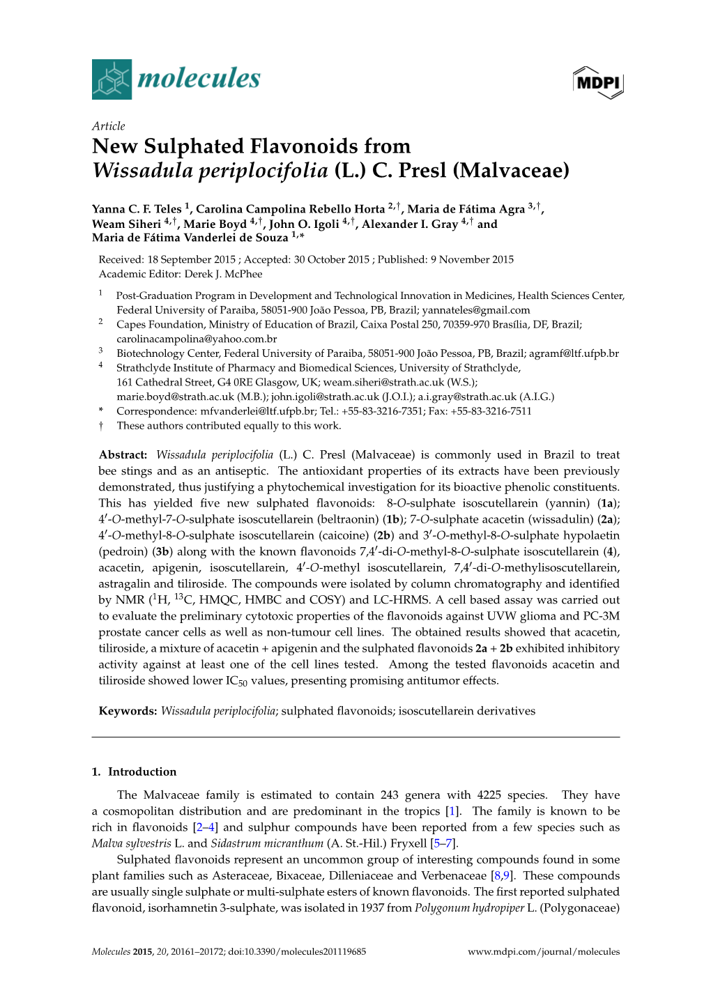 New Sulphated Flavonoids from Wissadula Periplocifolia (L.) C. Presl (Malvaceae)