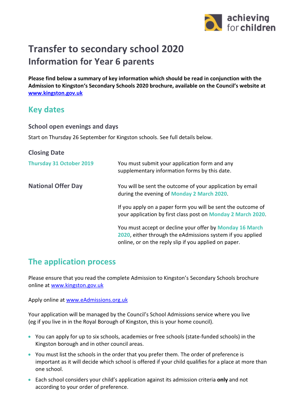 Transfer to Secondary School 2020 Information for Year 6 Parents