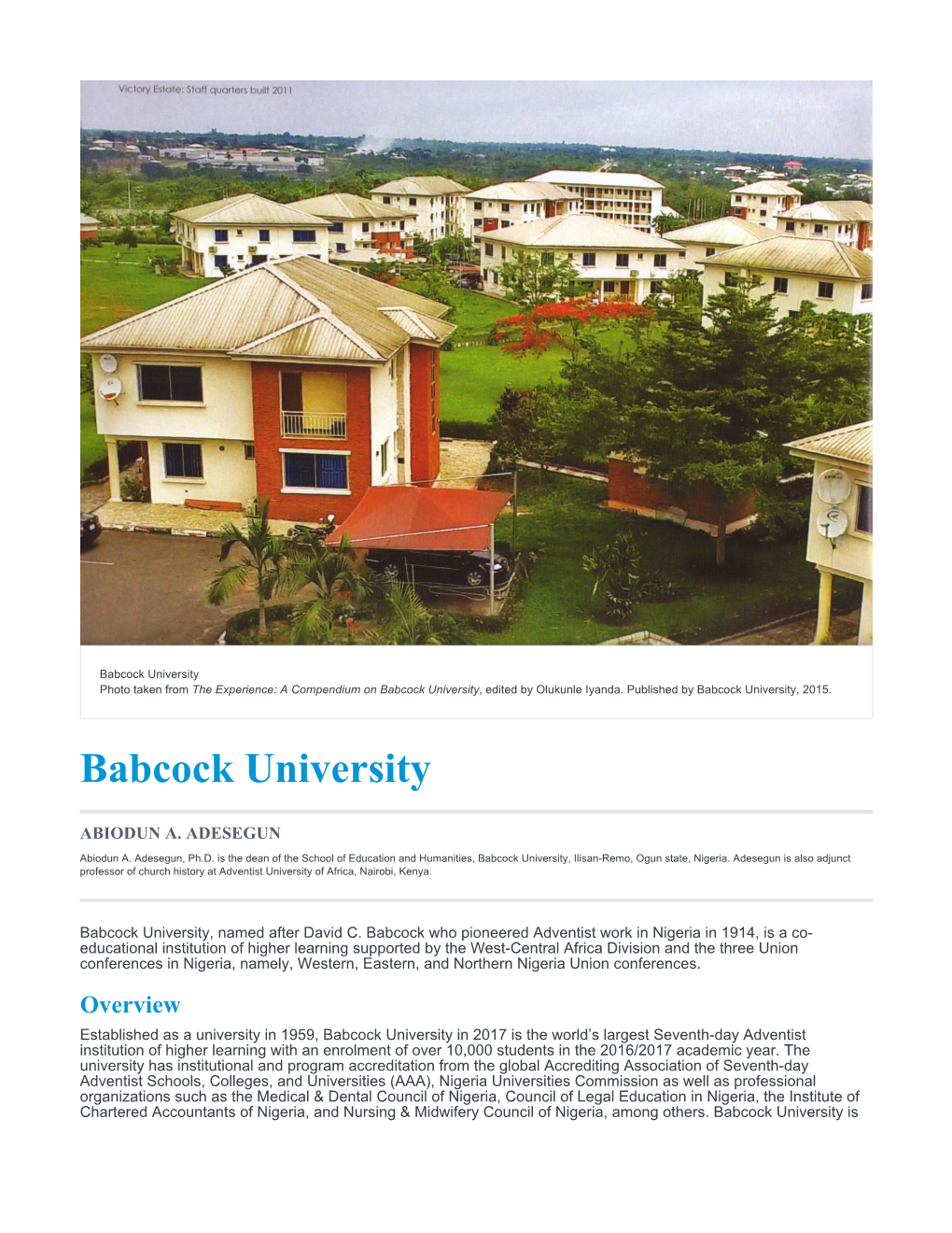 Babcock University Photo Taken from the Experience: a Compendium on Babcock University, Edited by Olukunle Iyanda