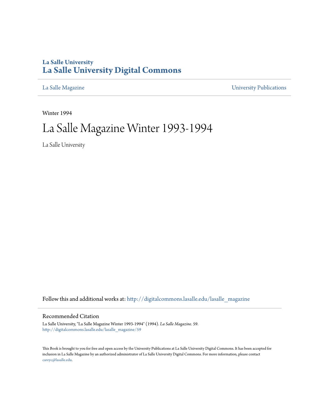 La Salle Magazine Winter 1993-1994 La Salle University