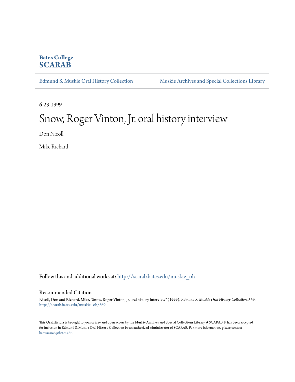 Snow, Roger Vinton, Jr. Oral History Interview Don Nicoll