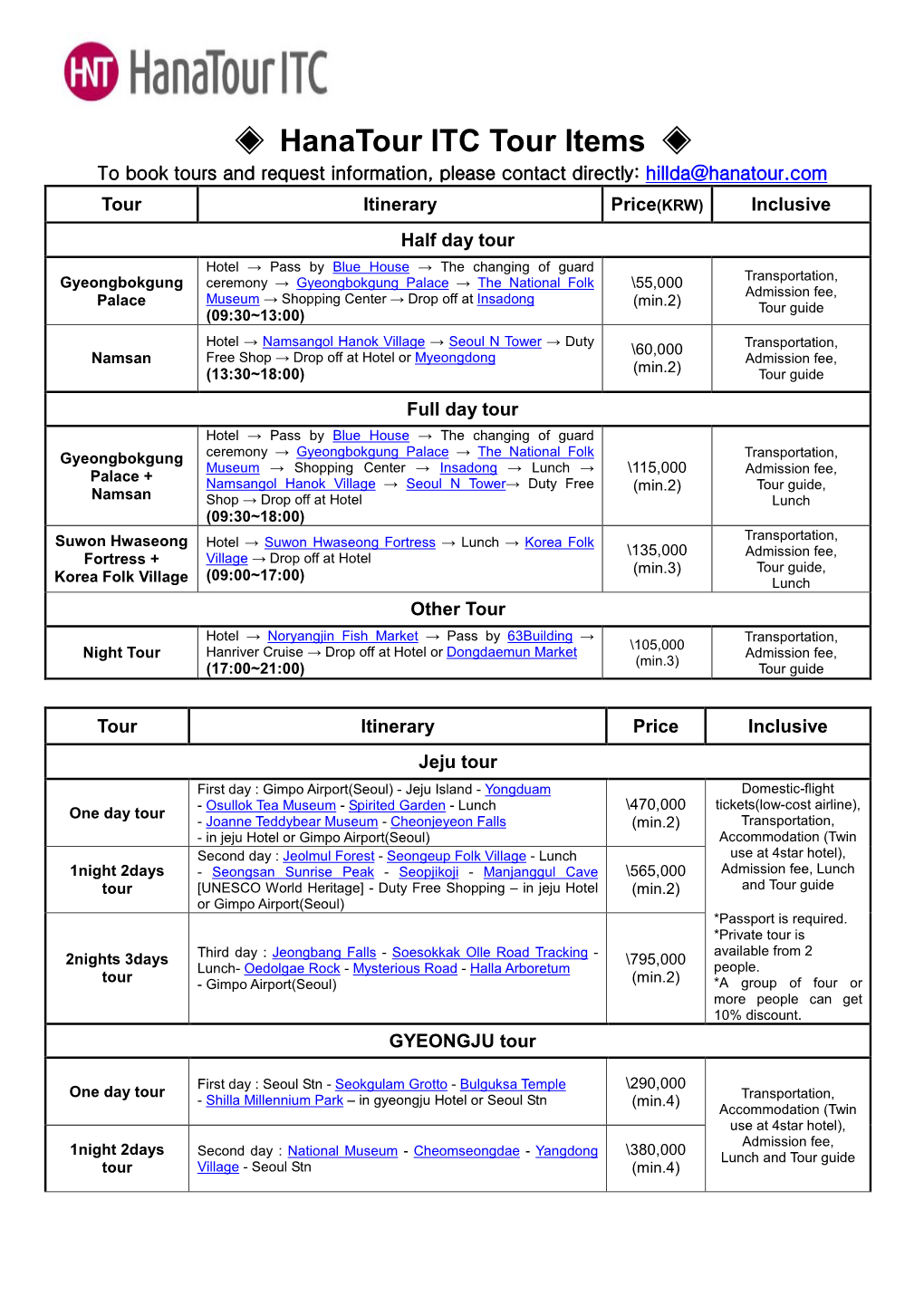 Hanatour ITC Tour Items ◈ to Book Tours and Request Information, Please Contact Directly: Hillda@Hanatour.Com