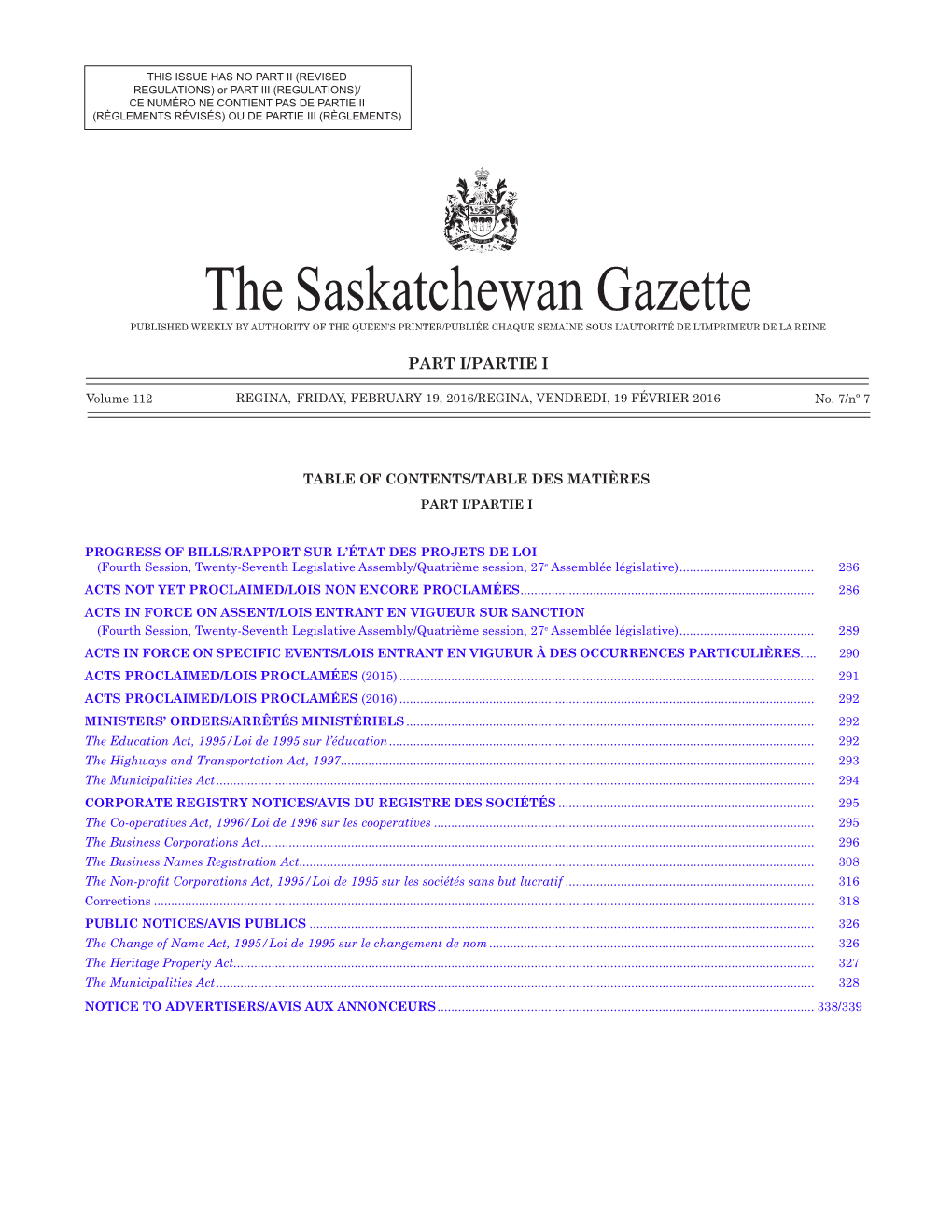 The Saskatchewan Gazette, February 19, 2016