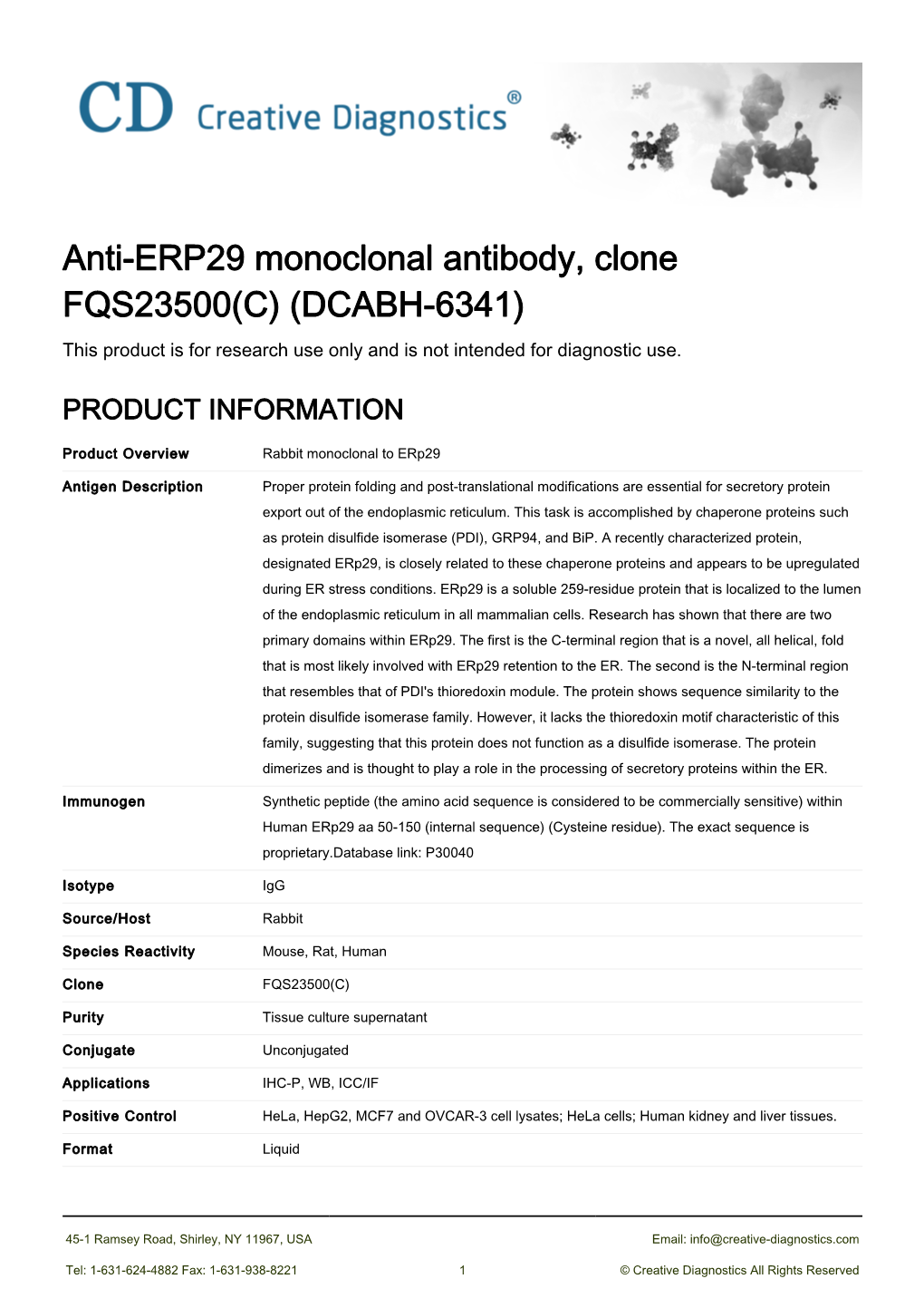 Anti-ERP29 Monoclonal Antibody, Clone FQS23500(C) (DCABH-6341) This Product Is for Research Use Only and Is Not Intended for Diagnostic Use