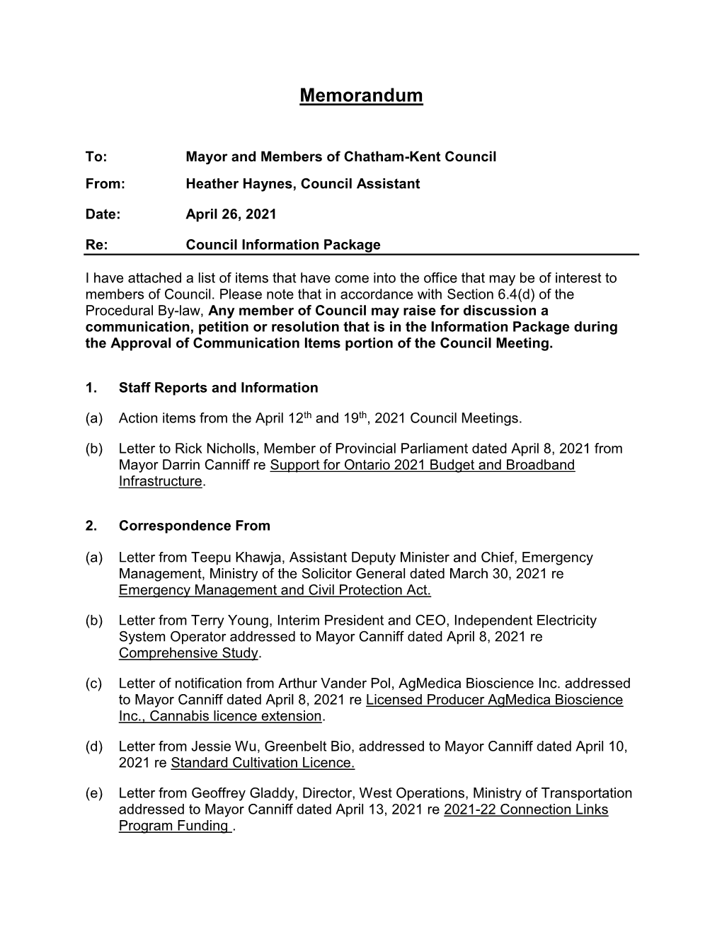 Approval of April 26, 2021, Council Information Package