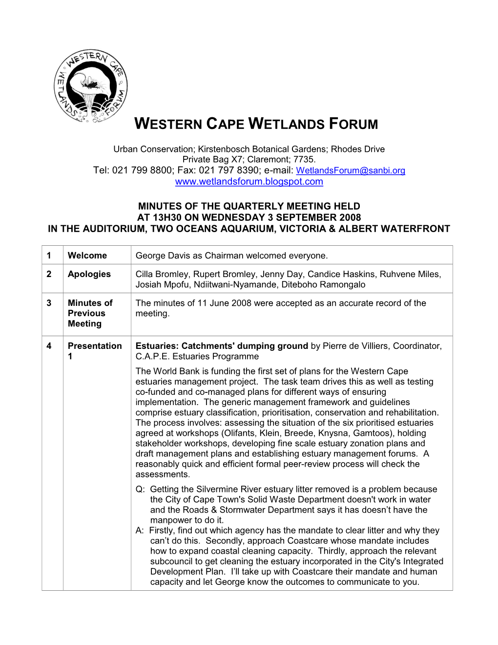 Western Cape Wetland Forum Minutes