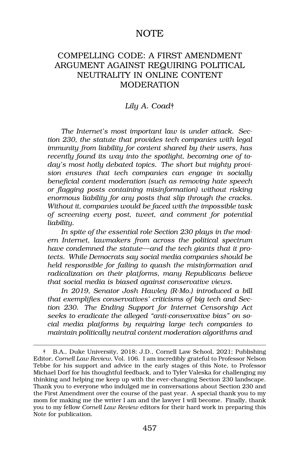 Compelling Code: a First Amendment Argument Against Requiring Political Neutrality in Online Content Moderation