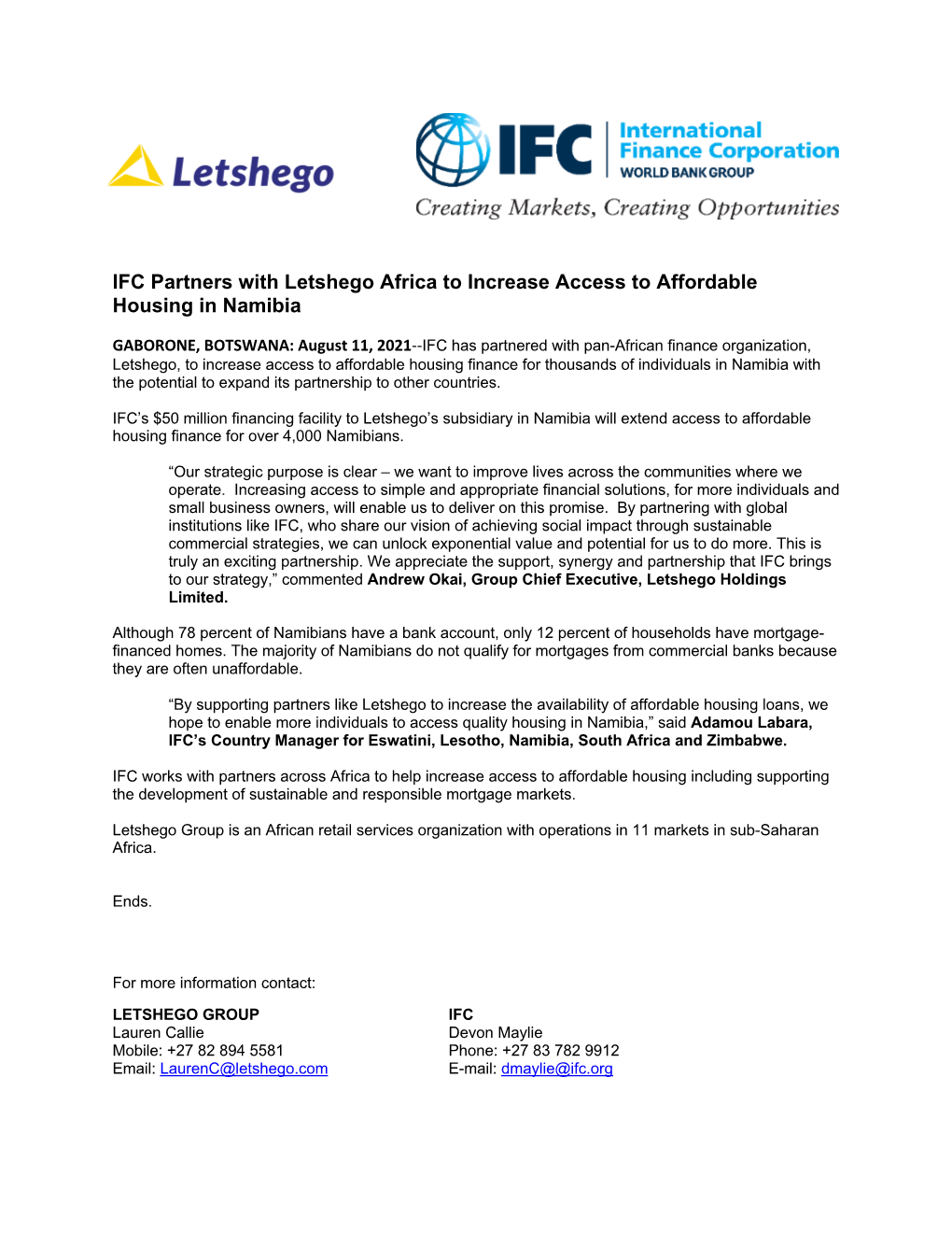 IFC Partners with Letshego Africa to Increase Access to Affordable Housing in Namibia