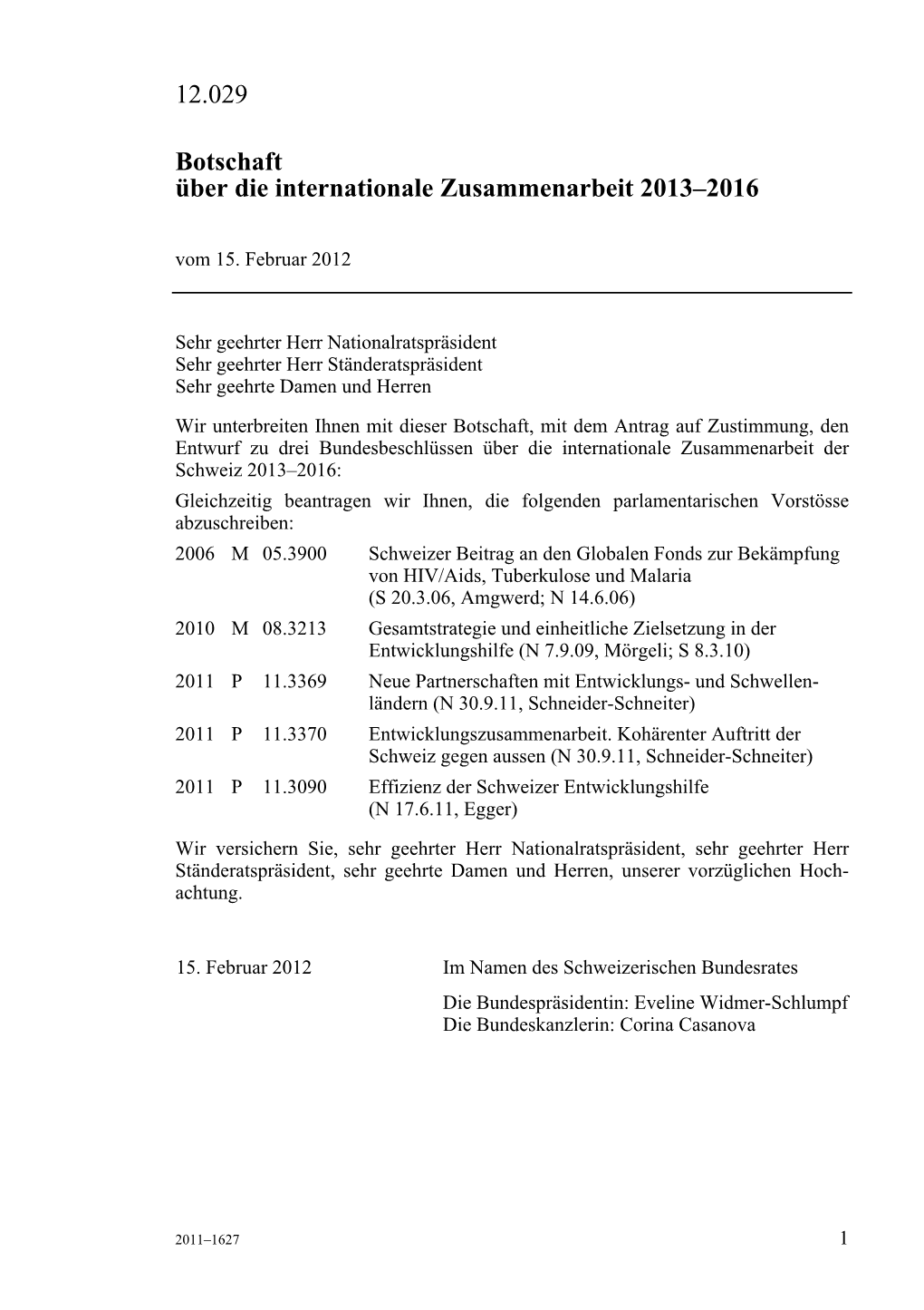 12.029 Botschaft Über Die Internationale Zusammenarbeit 2013–2016