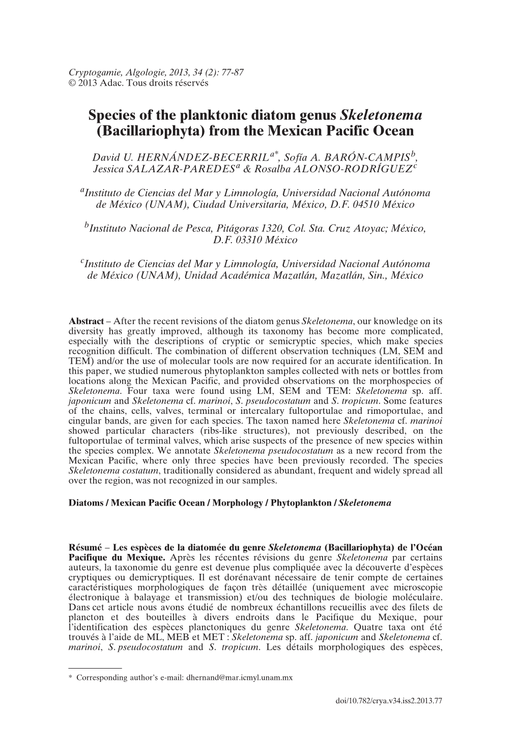 Species of the Planktonic Diatom Genus Skeletonema (Bacillariophyta) from the Mexican Pacific Ocean