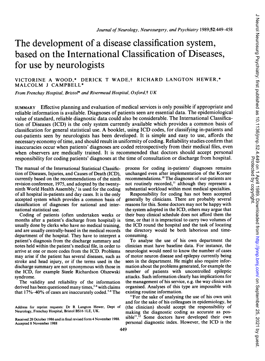 The Development of a Disease Classification System, Based on the International Classification of Diseases, for Use by Neurologists
